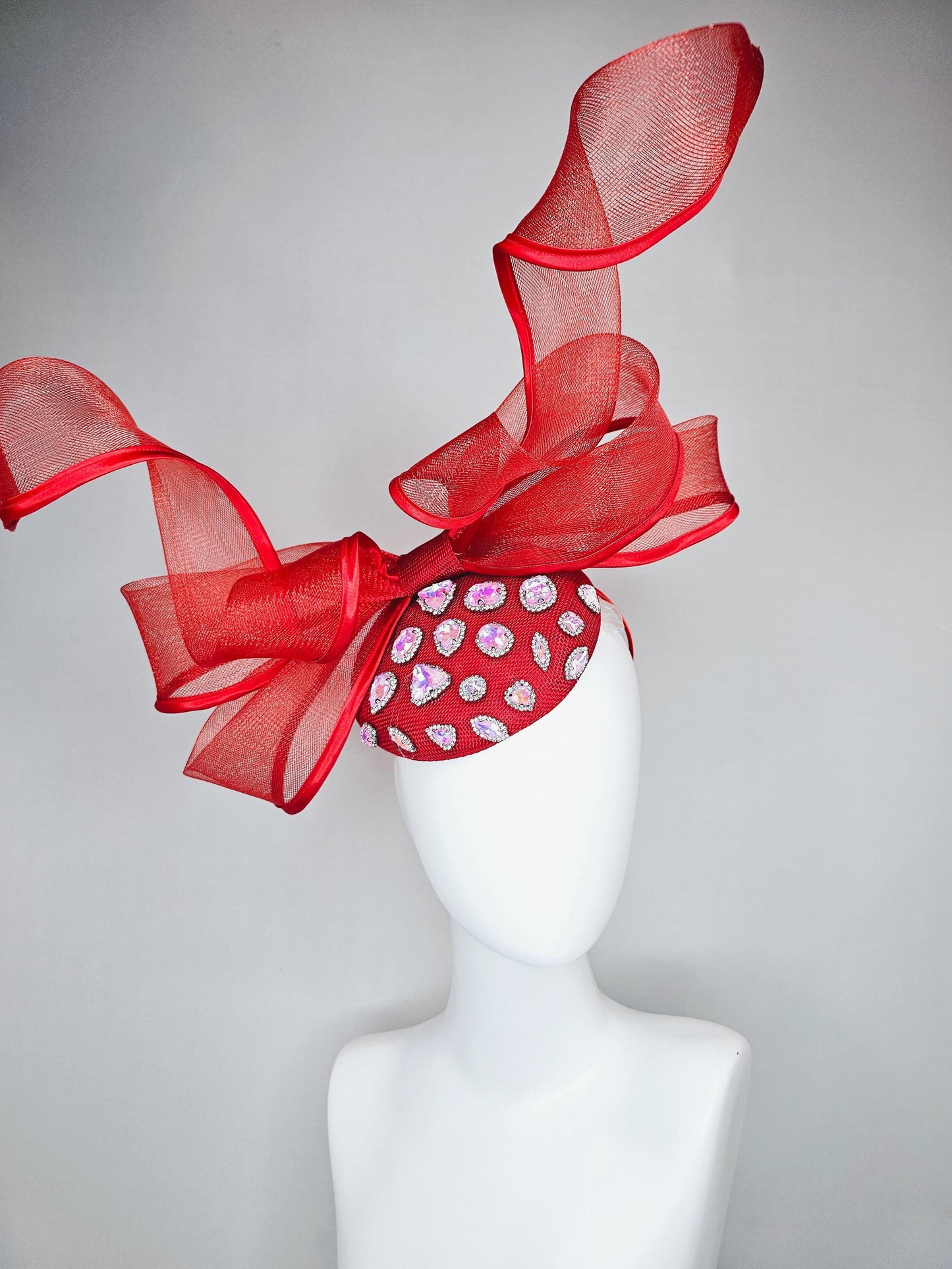 kentucky derby hat fascinator red sinamay with iridescent crystal jewels, scarlet red mesh and wired ribbon large bendable bow decor