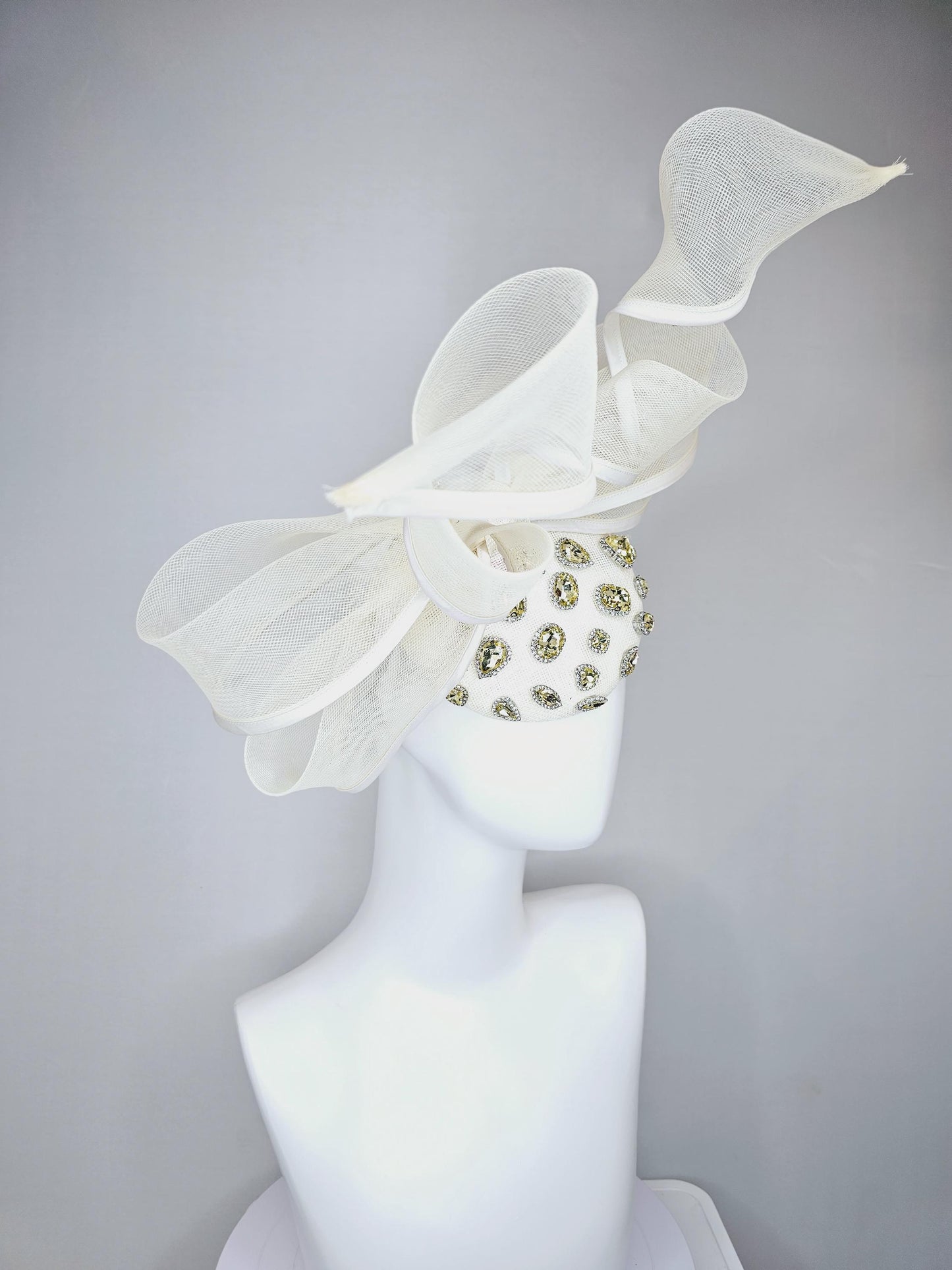 kentucky derby hat fascinator ivory white sinamay with yellow gold crystal jewels,ivory white mesh and wired ribbon large bendable bow decor