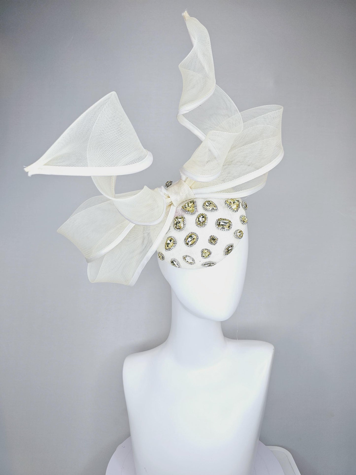 kentucky derby hat fascinator ivory white sinamay with yellow gold crystal jewels,ivory white mesh and wired ribbon large bendable bow decor