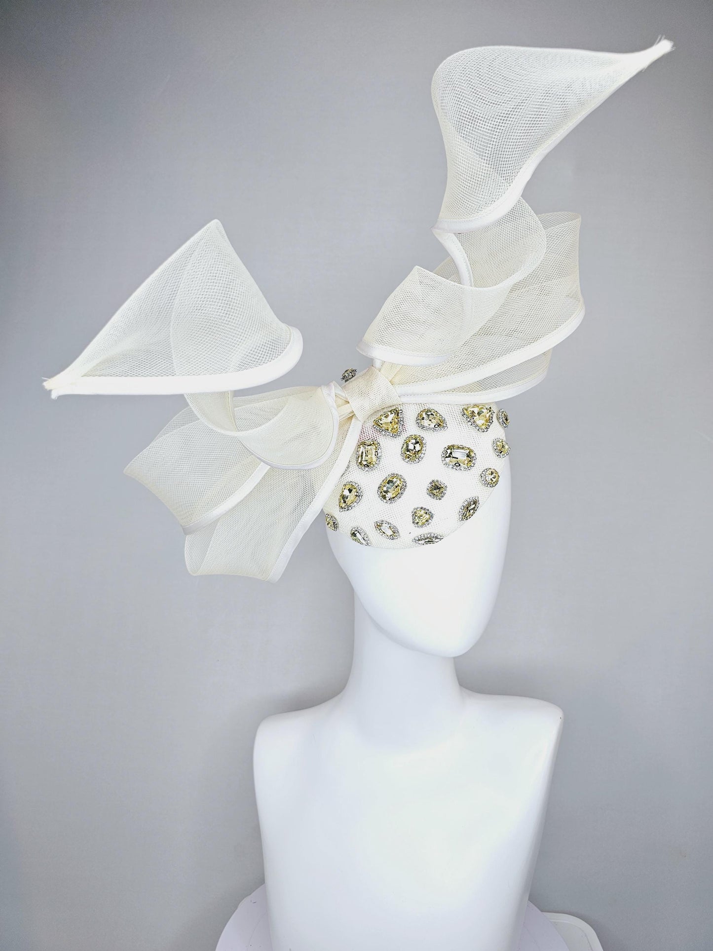 kentucky derby hat fascinator ivory white sinamay with yellow gold crystal jewels,ivory white mesh and wired ribbon large bendable bow decor