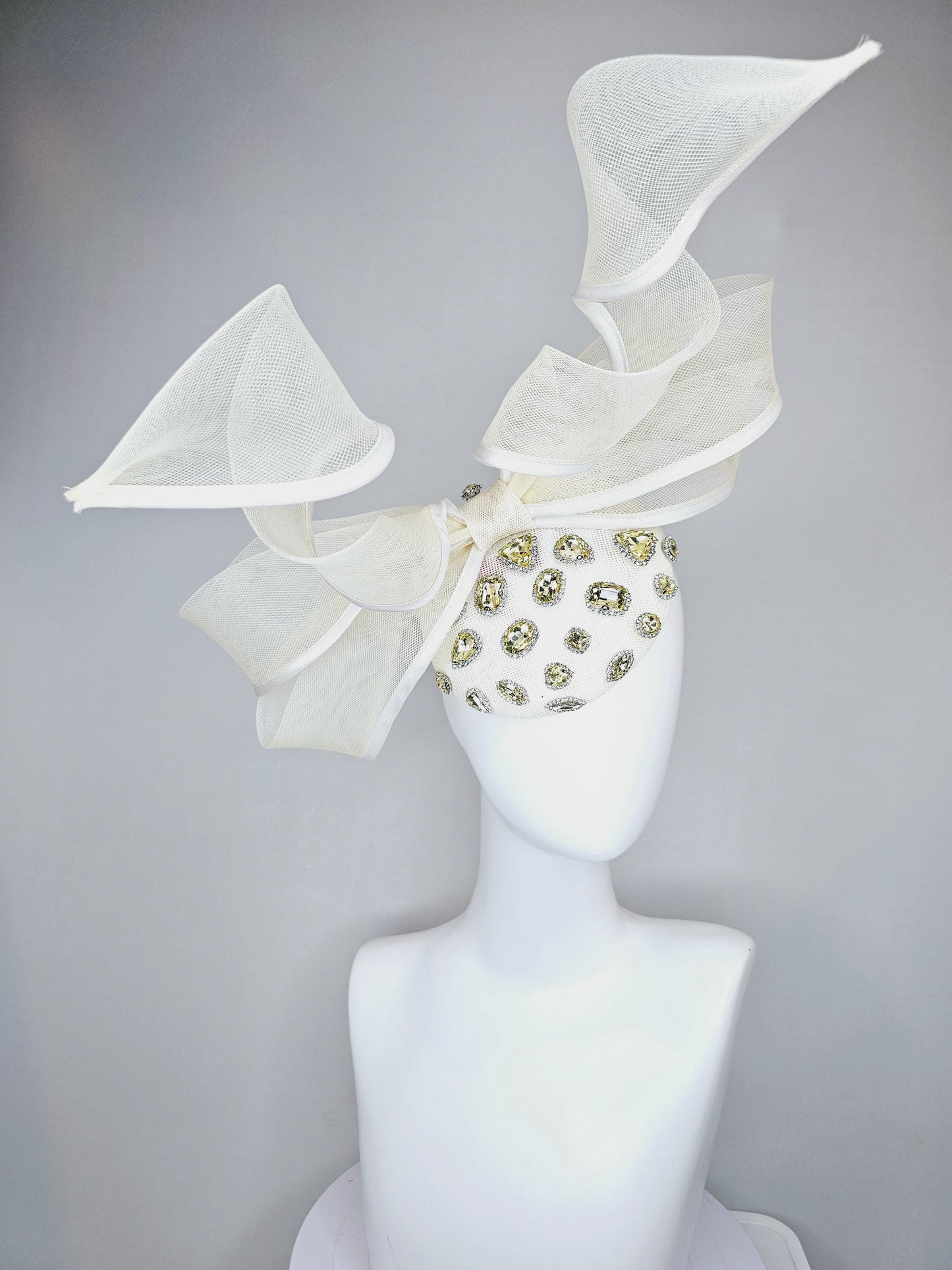 kentucky derby hat fascinator ivory white sinamay with yellow gold crystal jewels,ivory white mesh and wired ribbon large bendable bow decor