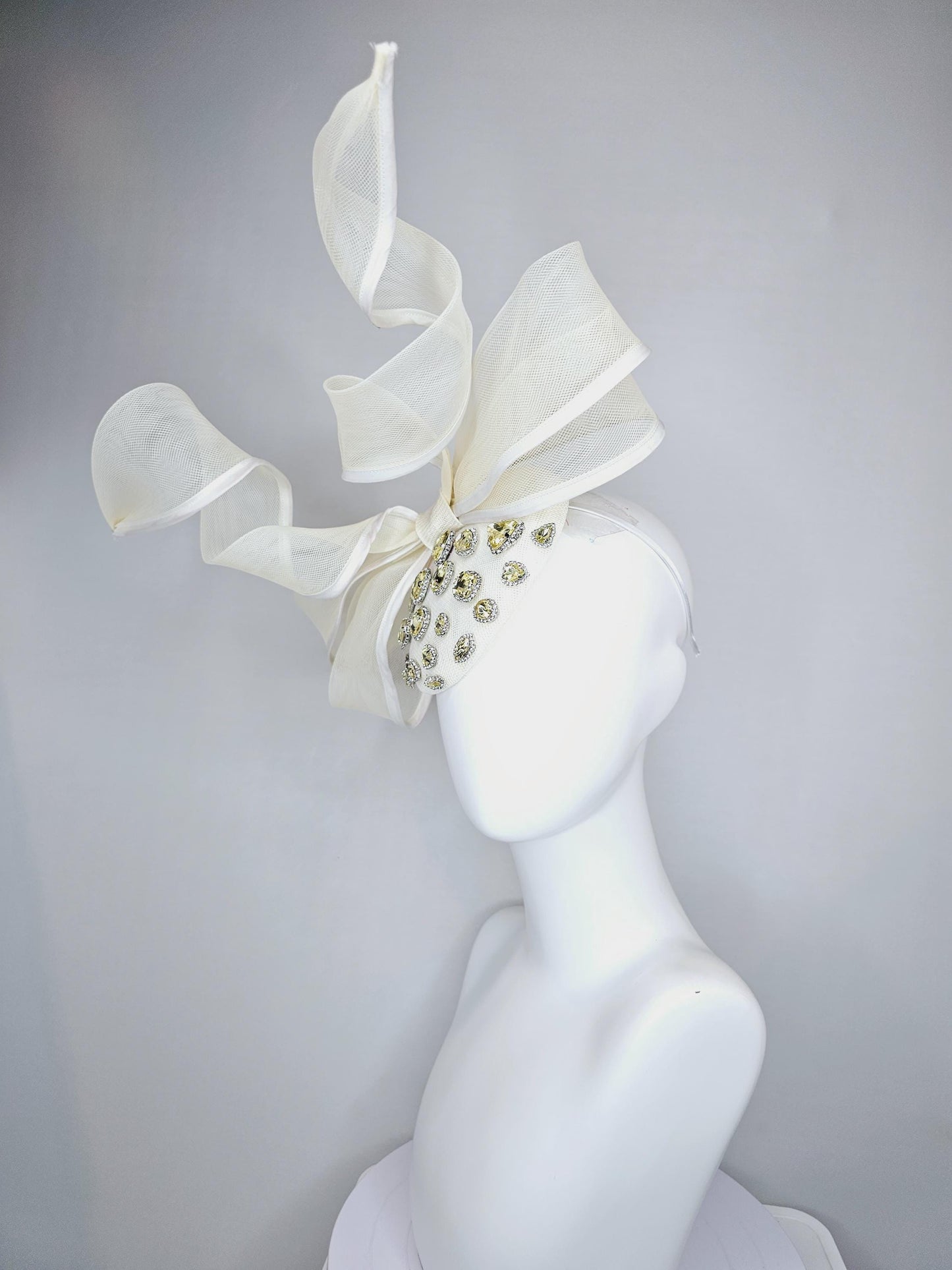kentucky derby hat fascinator ivory white sinamay with yellow gold crystal jewels,ivory white mesh and wired ribbon large bendable bow decor