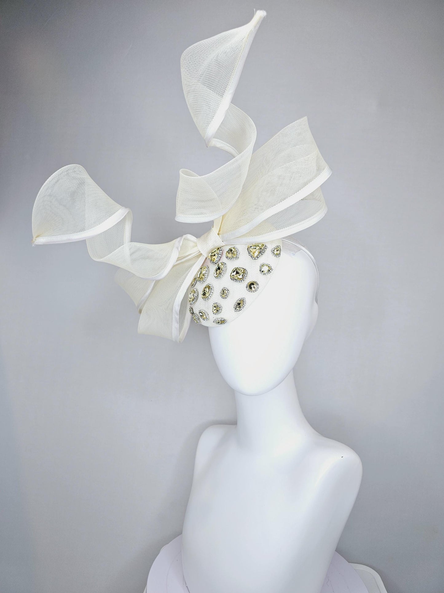 kentucky derby hat fascinator ivory white sinamay with yellow gold crystal jewels,ivory white mesh and wired ribbon large bendable bow decor