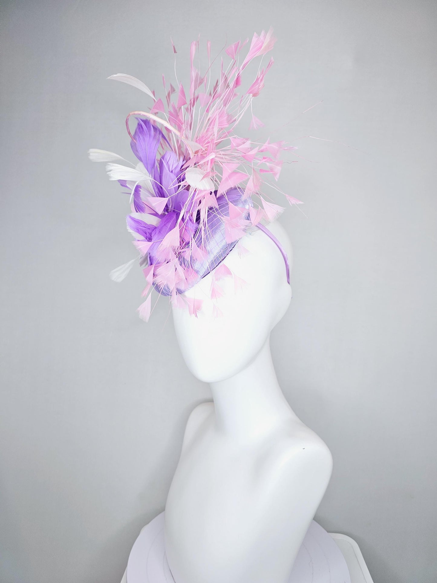 kentucky derby hat fascinator lavender purple satin with netting, lavender purple, white, light blush pink branching feathers