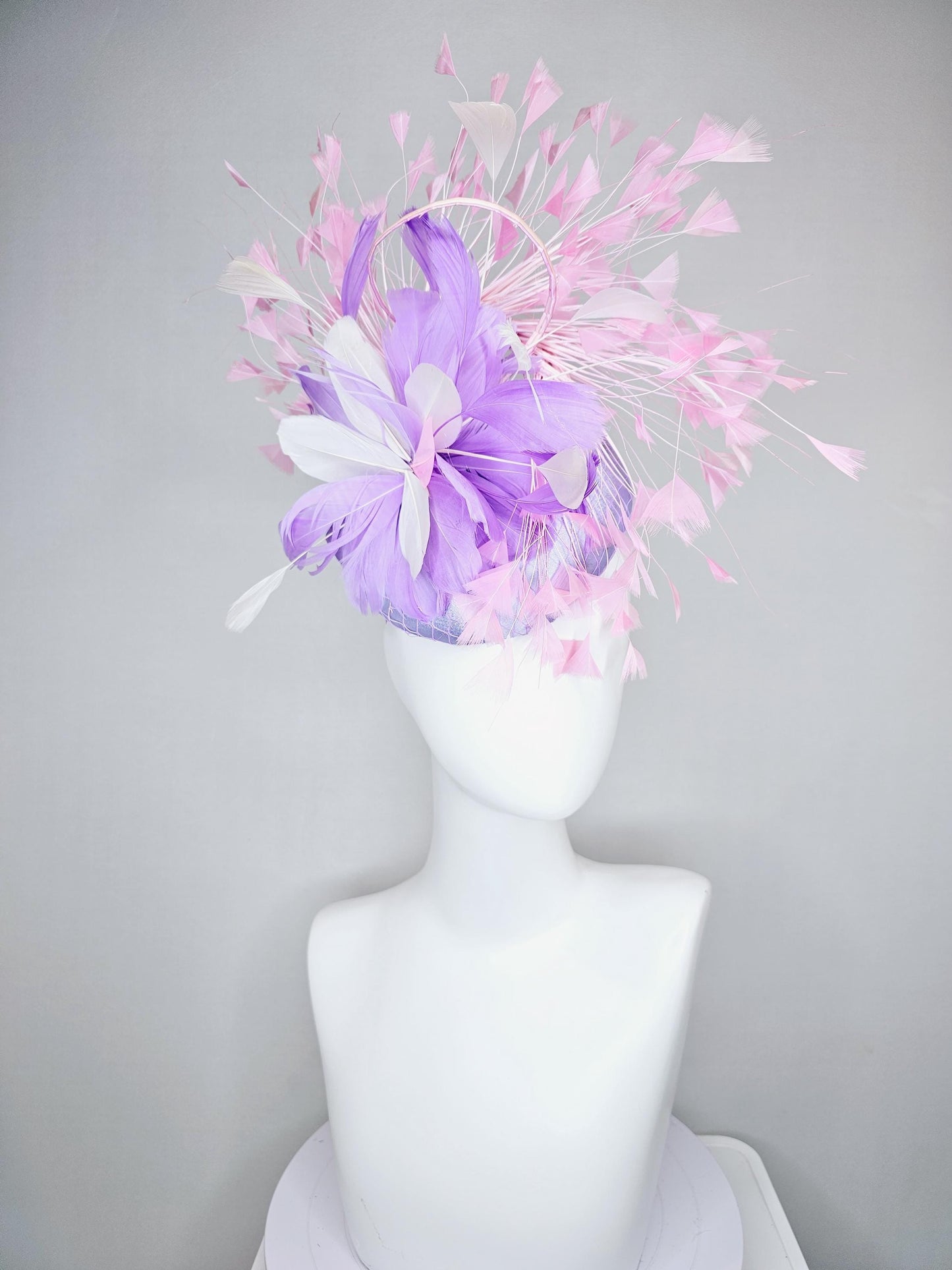 kentucky derby hat fascinator lavender purple satin with netting, lavender purple, white, light blush pink branching feathers
