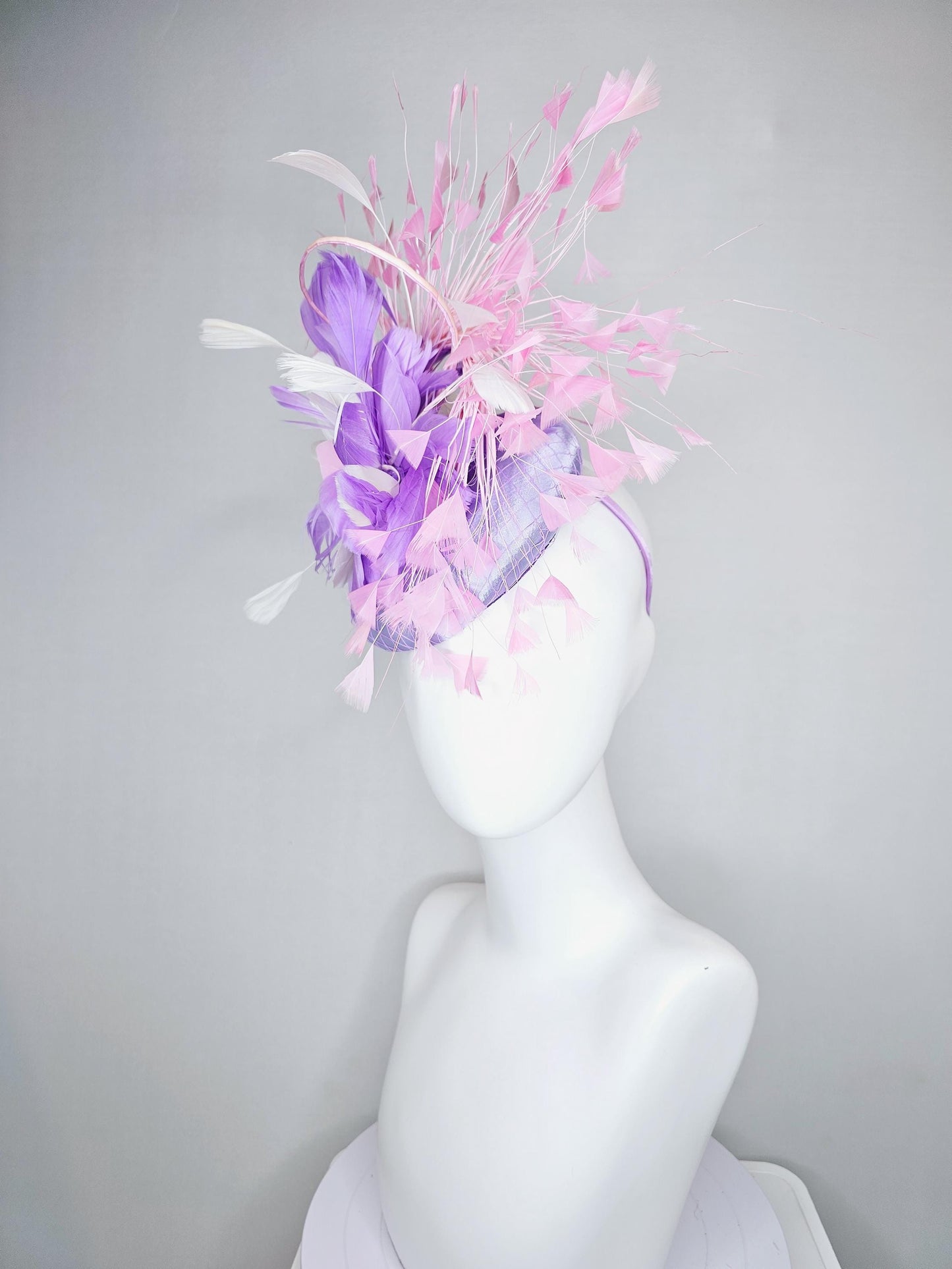 kentucky derby hat fascinator lavender purple satin with netting, lavender purple, white, light blush pink branching feathers