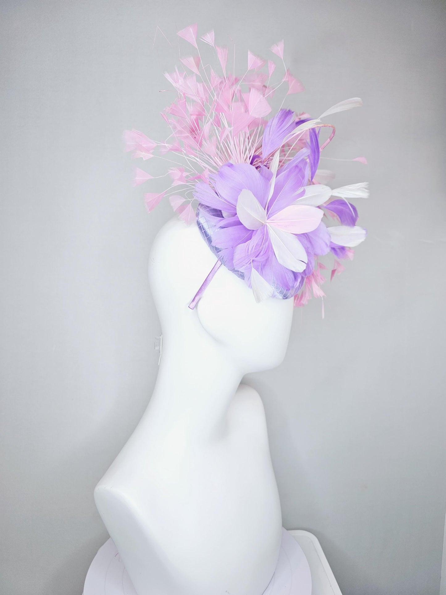 kentucky derby hat fascinator lavender purple satin with netting, lavender purple, white, light blush pink branching feathers