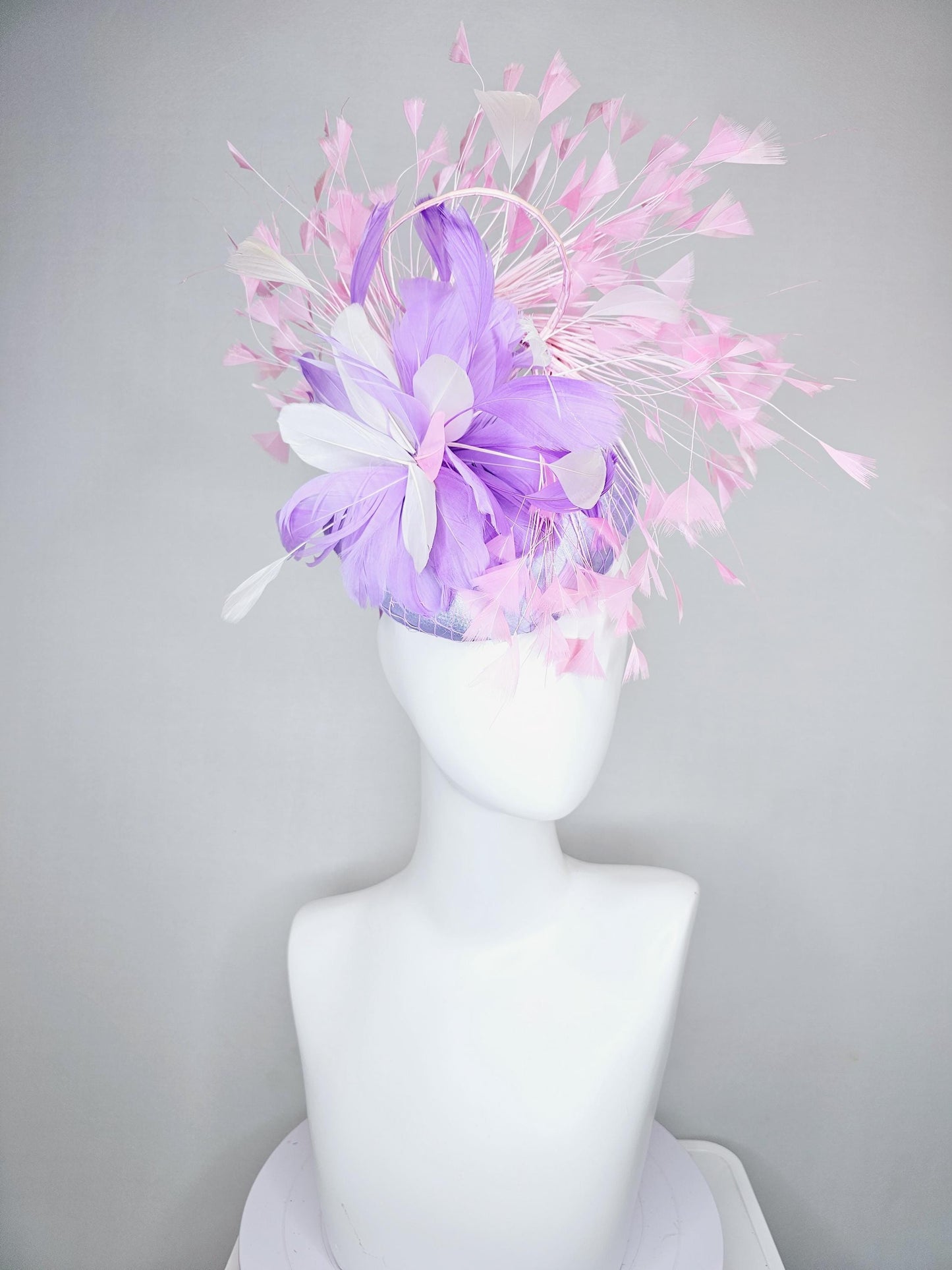 kentucky derby hat fascinator lavender purple satin with netting, lavender purple, white, light blush pink branching feathers