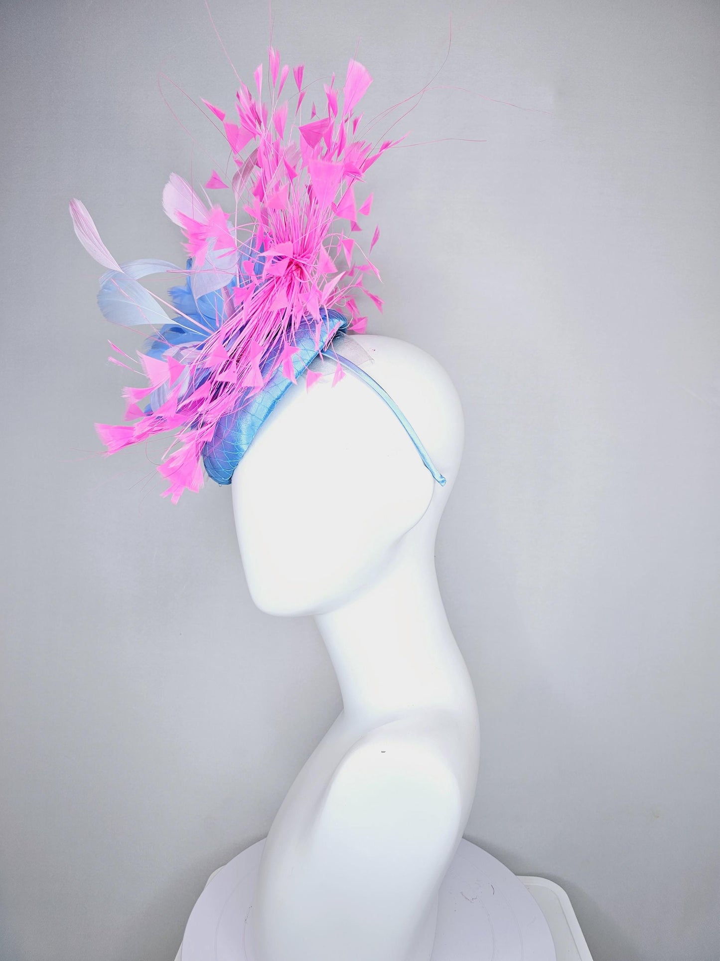 kentucky derby hat fascinator sky blue satin with netting, sky blue, white, blush pink, light pink branching feathers