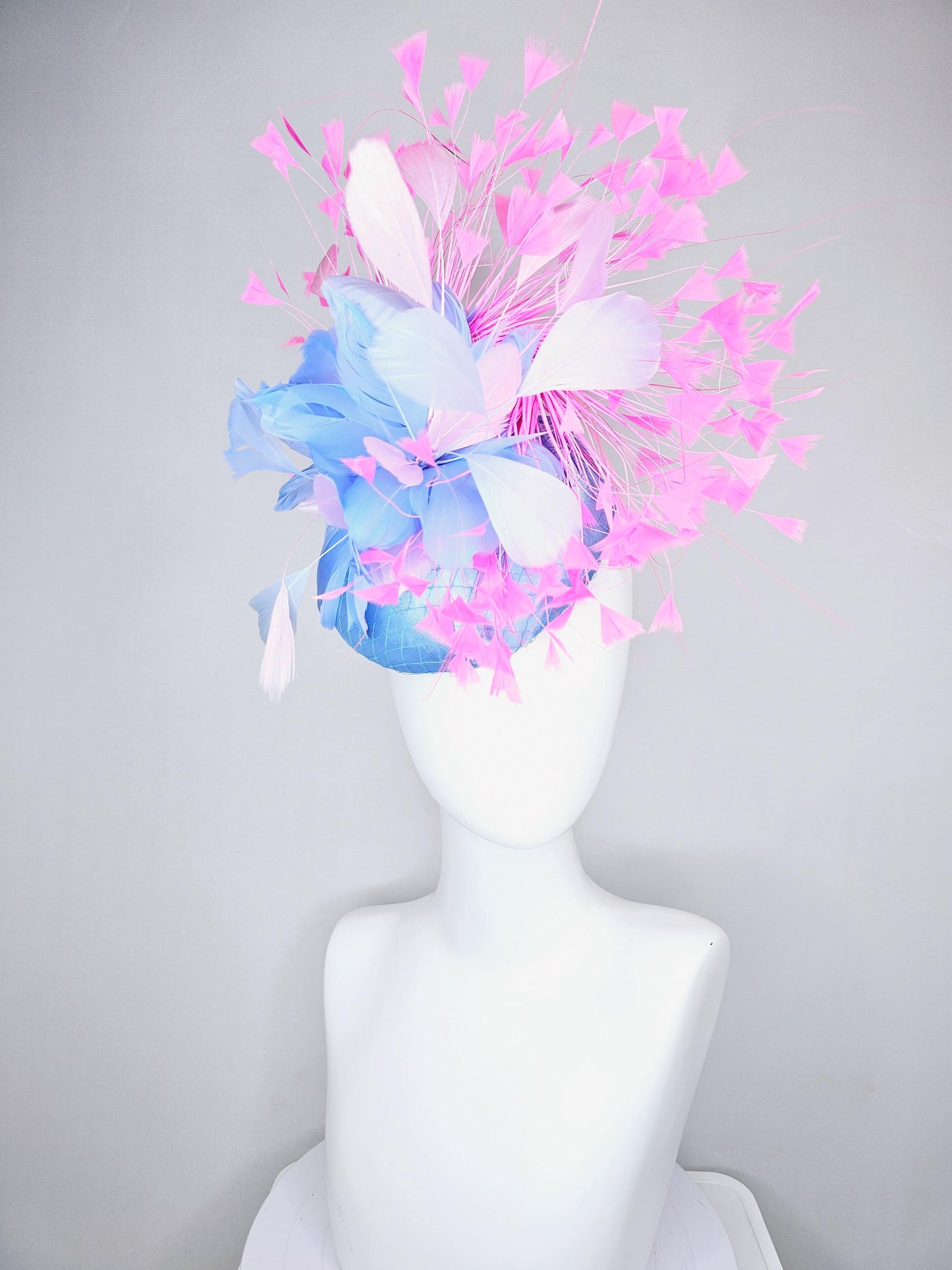 kentucky derby hat fascinator sky blue satin with netting, sky blue, white, blush pink, light pink branching feathers