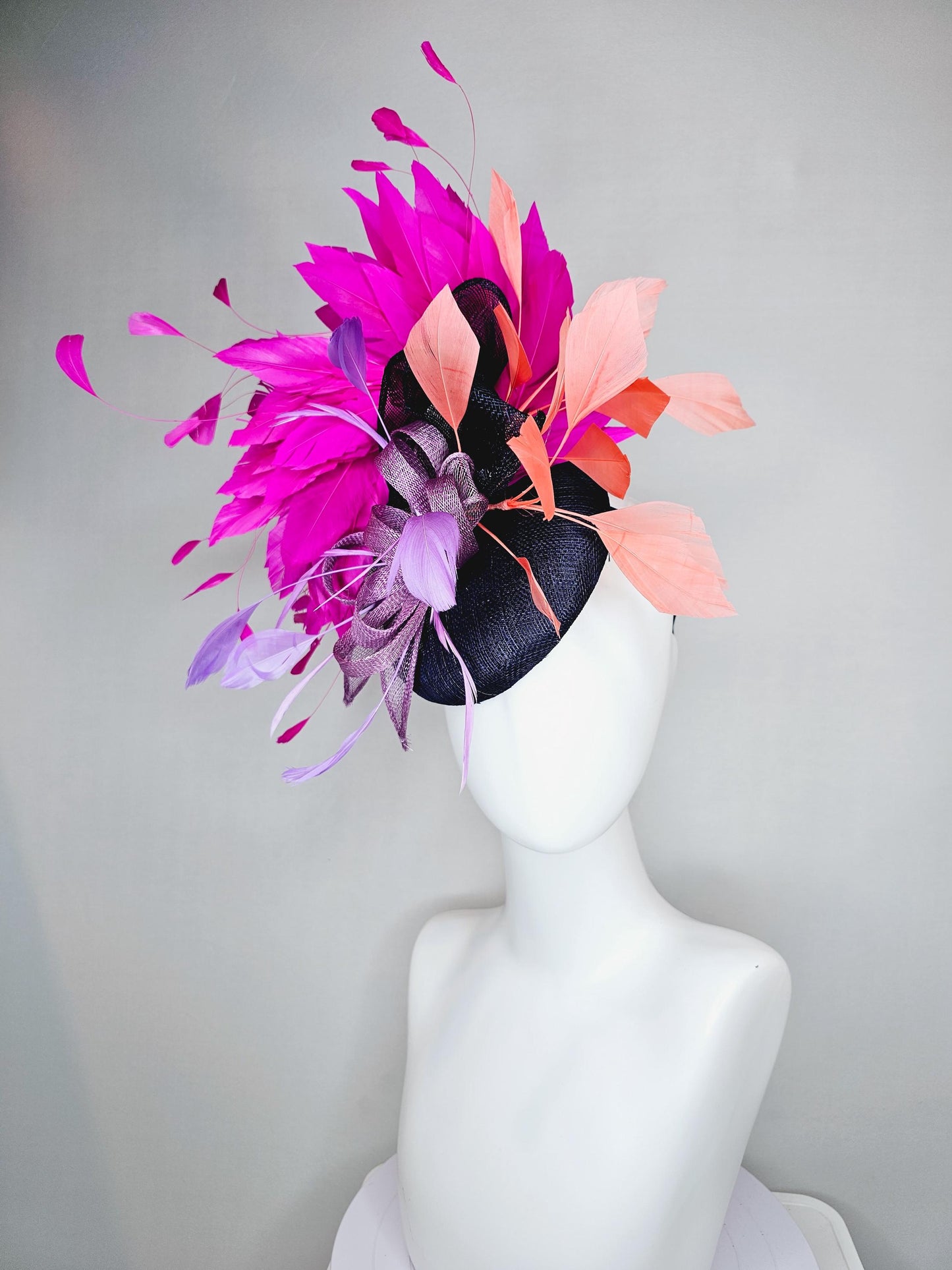 kentucky derby hat fascinator navy blue sinamay with lavender purple sinamay bow and feathers coral orange fuchsia pink feathers