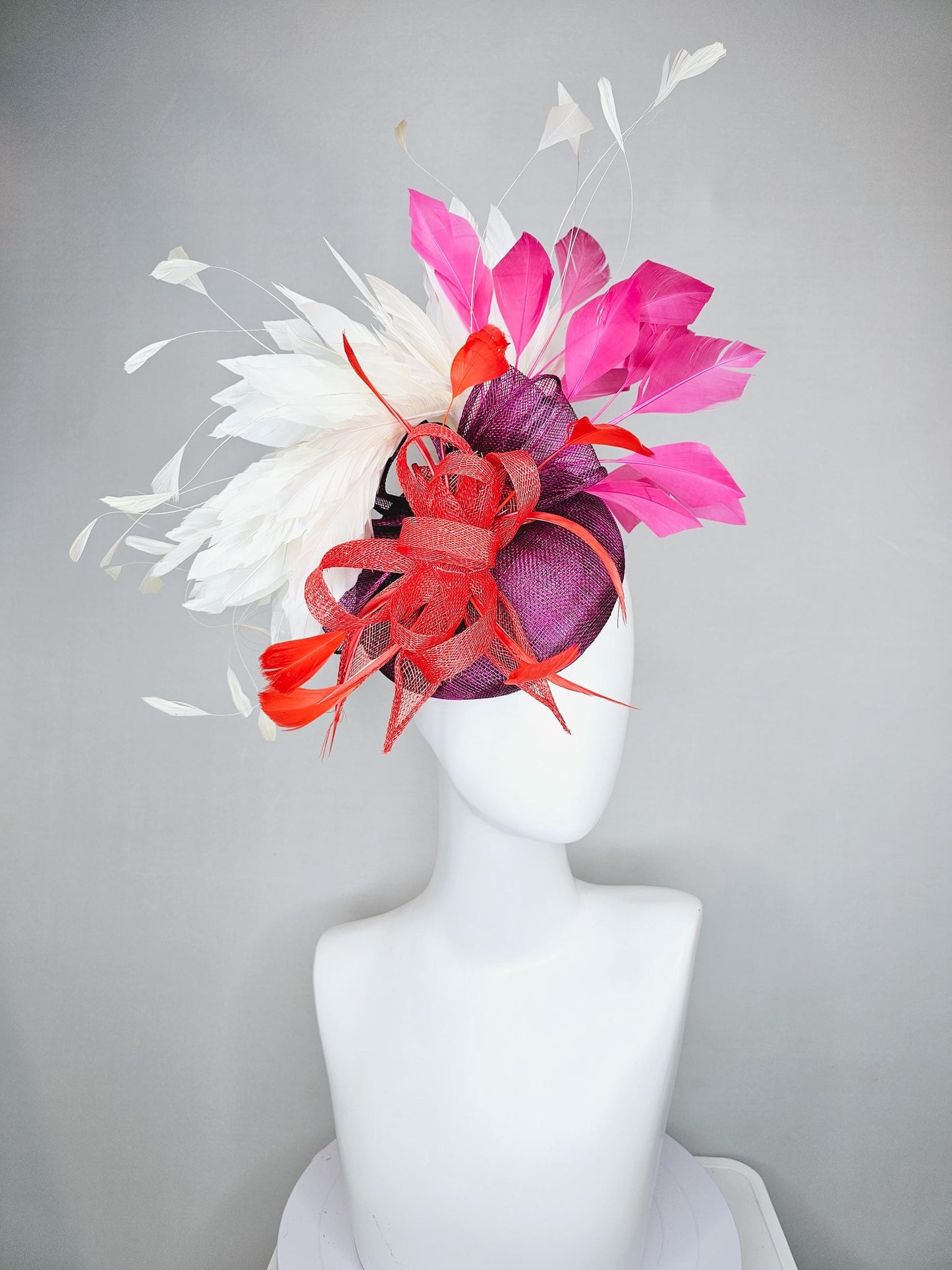 kentucky derby hat fascinator magenta purple sinamay with scarlet red sinamay bow and scarlet red feathers,pink and white branching feathers