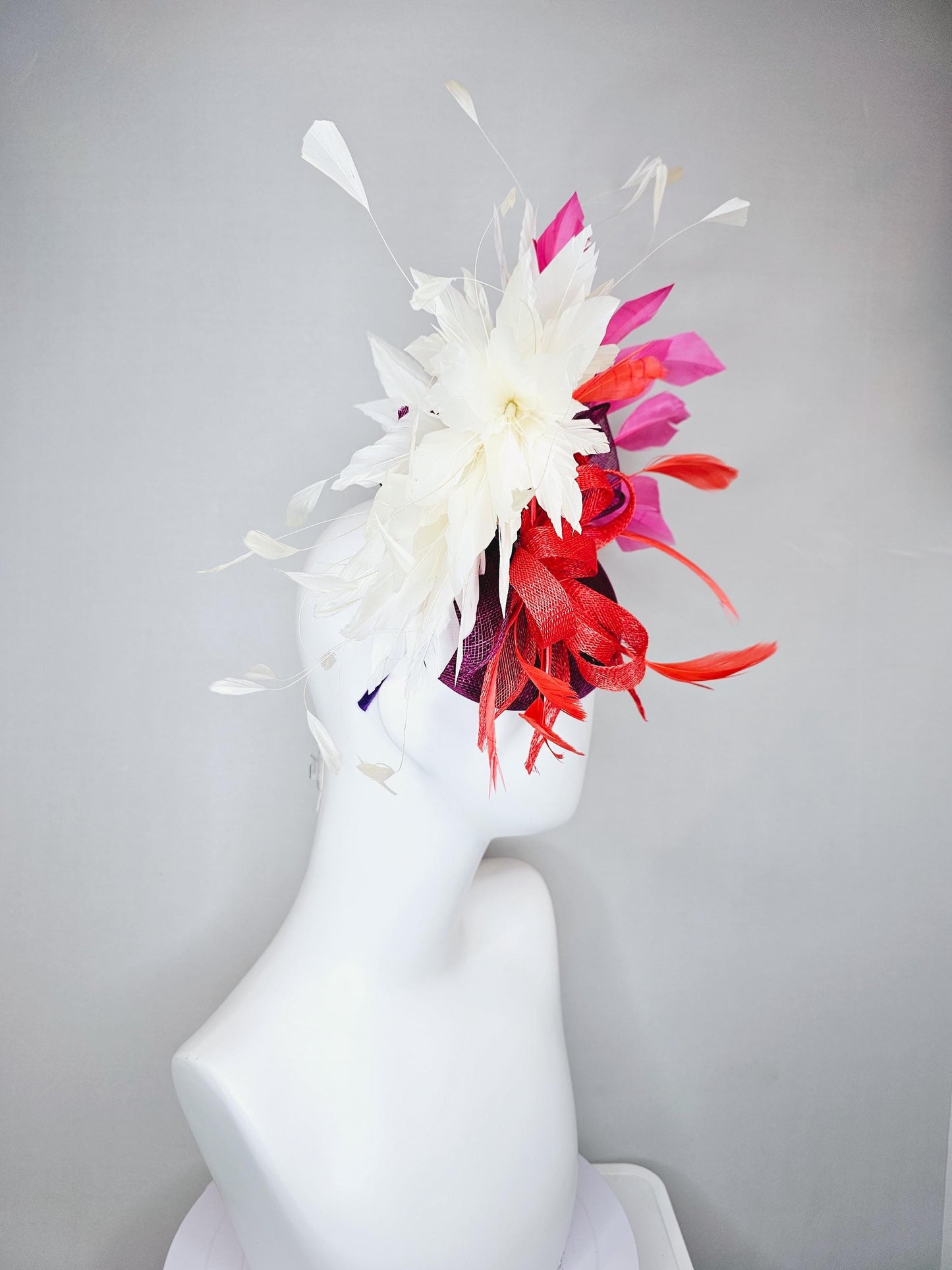 kentucky derby hat fascinator magenta purple sinamay with scarlet red sinamay bow and scarlet red feathers,pink and white branching feathers