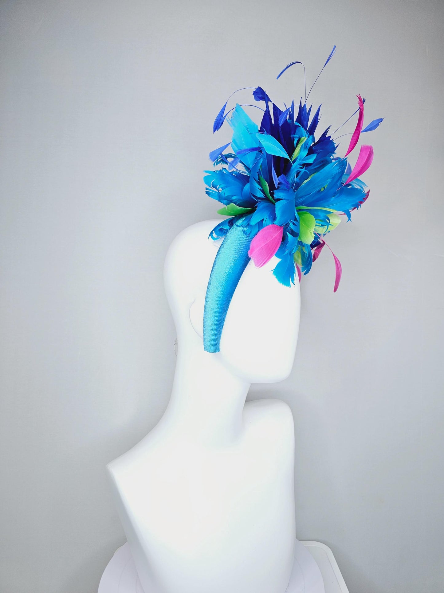 kentucky derby hat fascinator sky blue velvet headband fluffy lime green fuchsia pink cobalt blue sky blue branching feathers