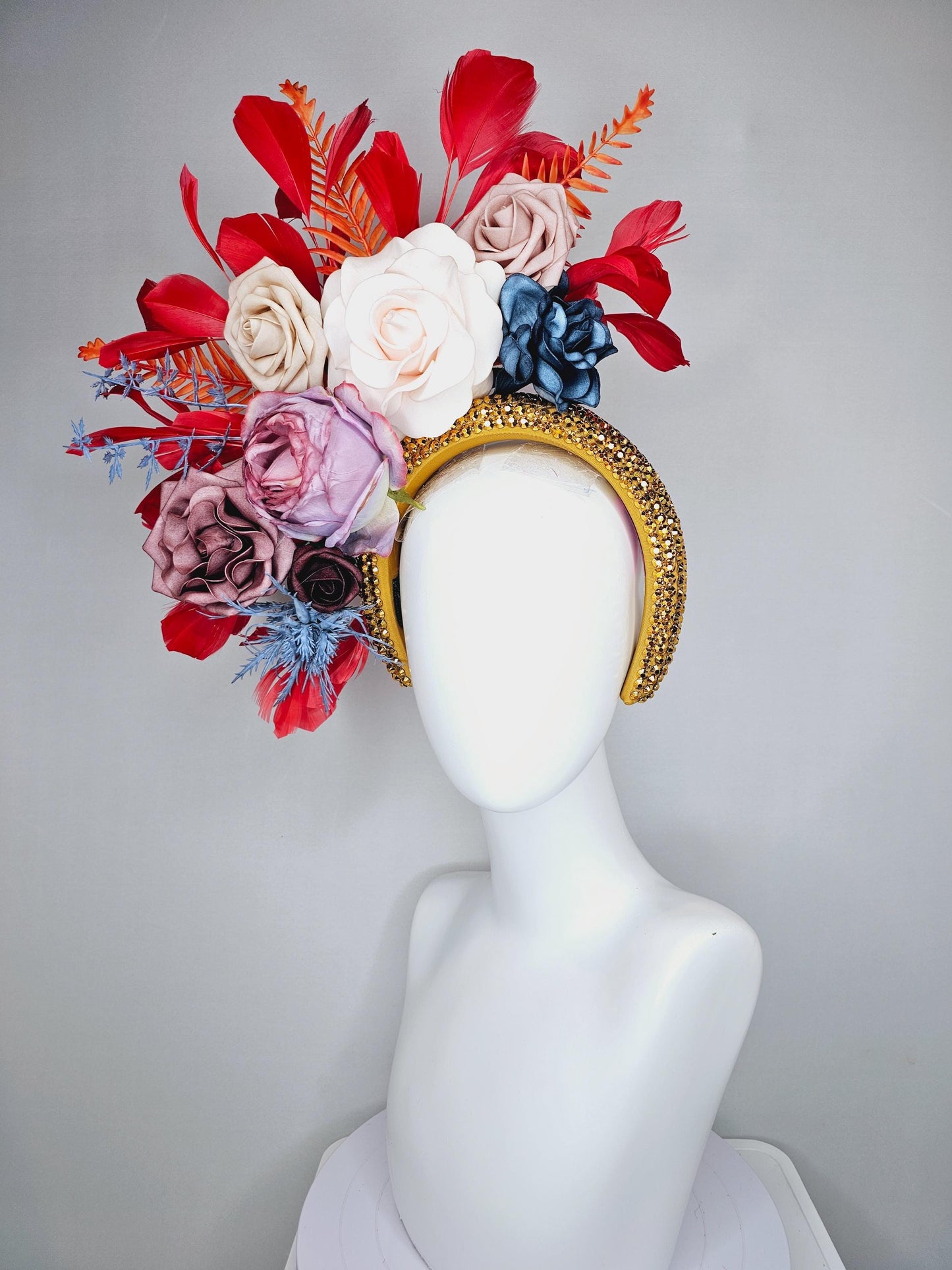 kentucky derby hat fascinator gold crystal headband,neutral cream beige ombre navy blue dusty pink purple flowers,orange leaves,red feathers