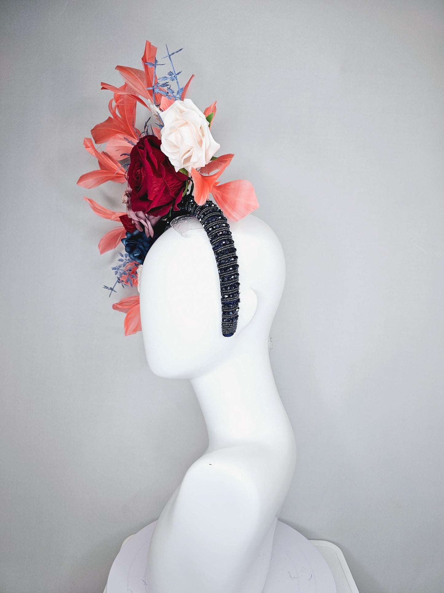 kentucky derby hat fascinator midnight blue crystal headband, ivory white dusty pink red ombre navy blue flowers,red leaves, orange feathers