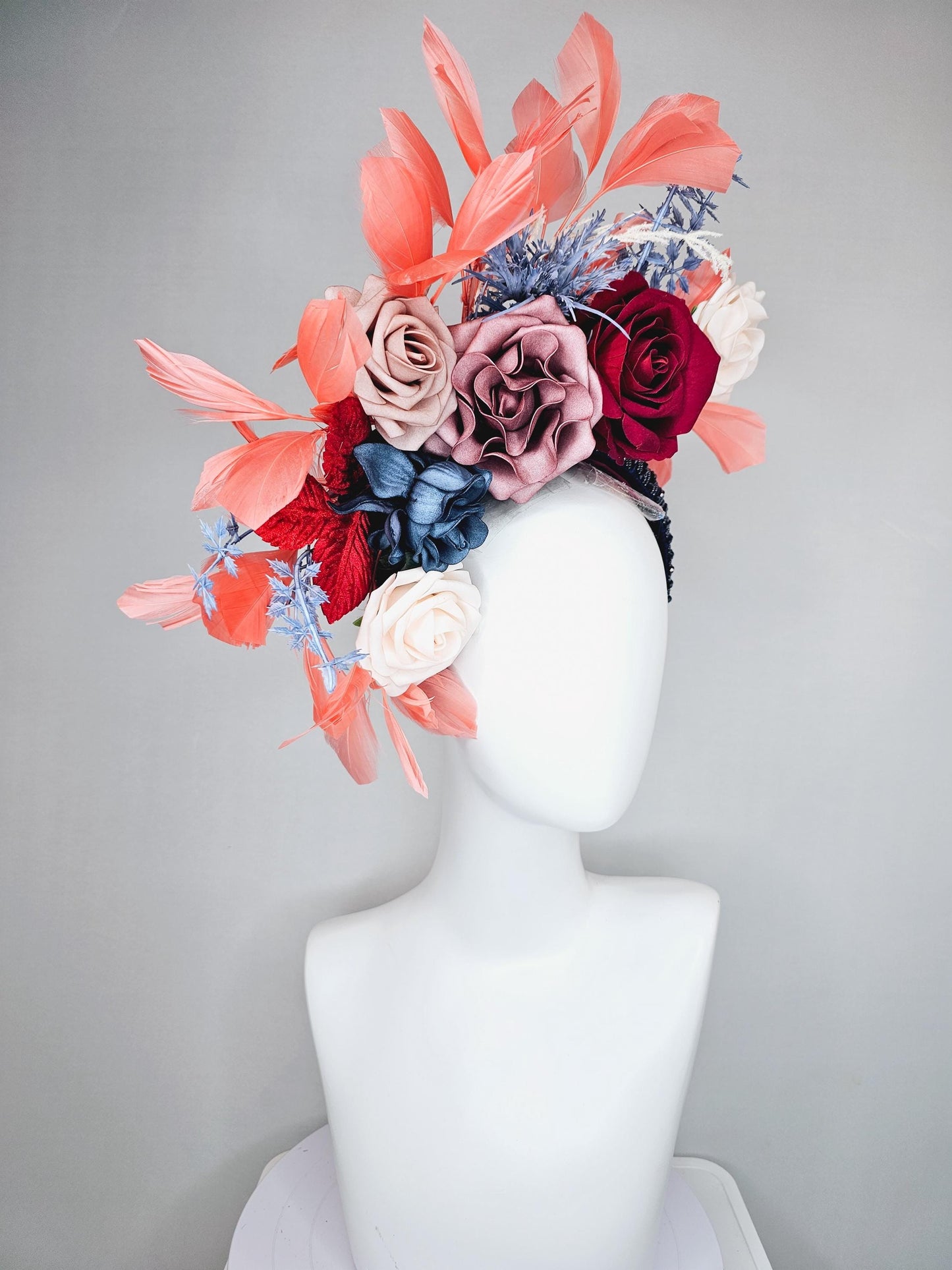 kentucky derby hat fascinator midnight blue crystal headband, ivory white dusty pink red ombre navy blue flowers,red leaves, orange feathers