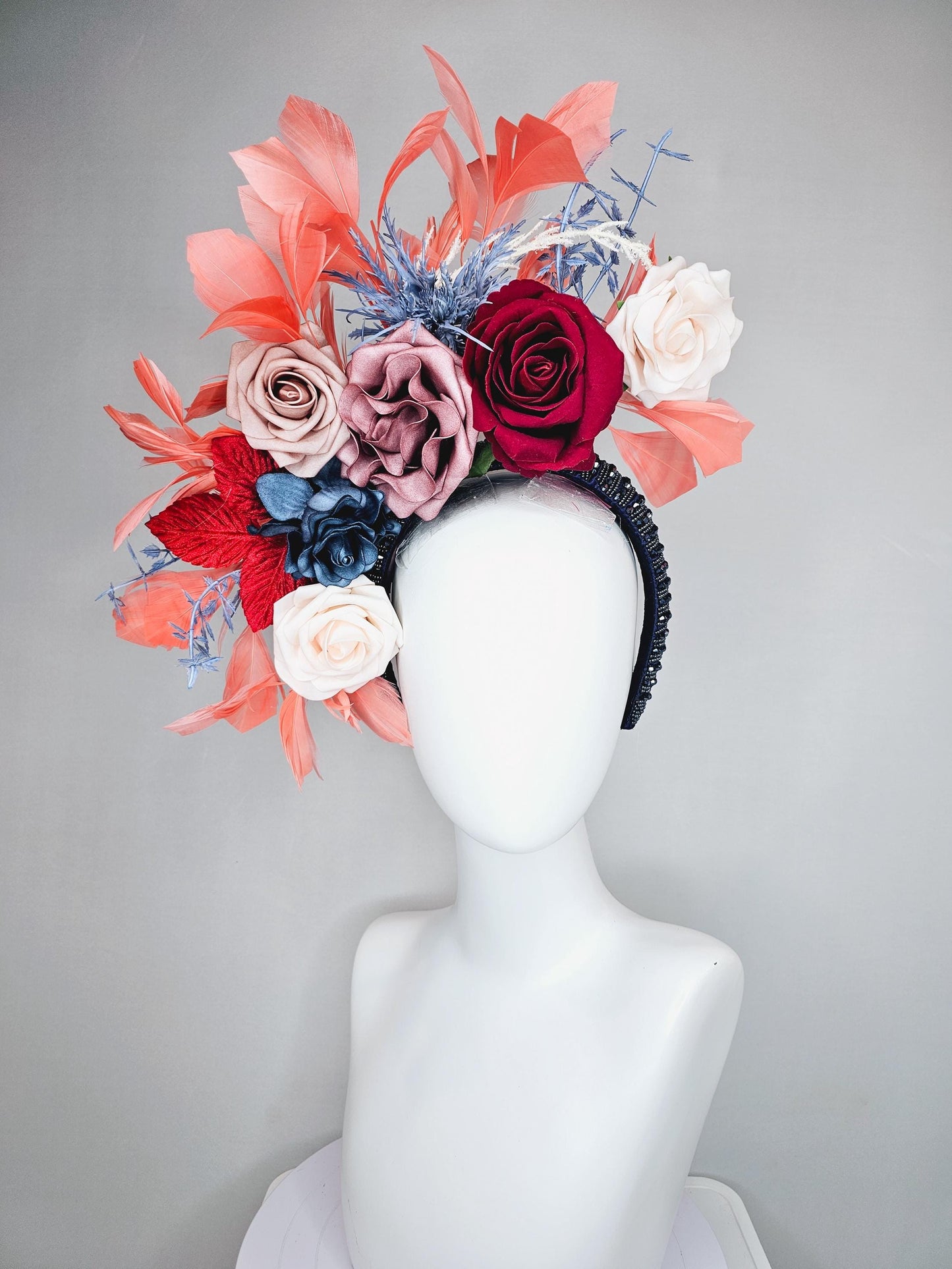 kentucky derby hat fascinator midnight blue crystal headband, ivory white dusty pink red ombre navy blue flowers,red leaves, orange feathers