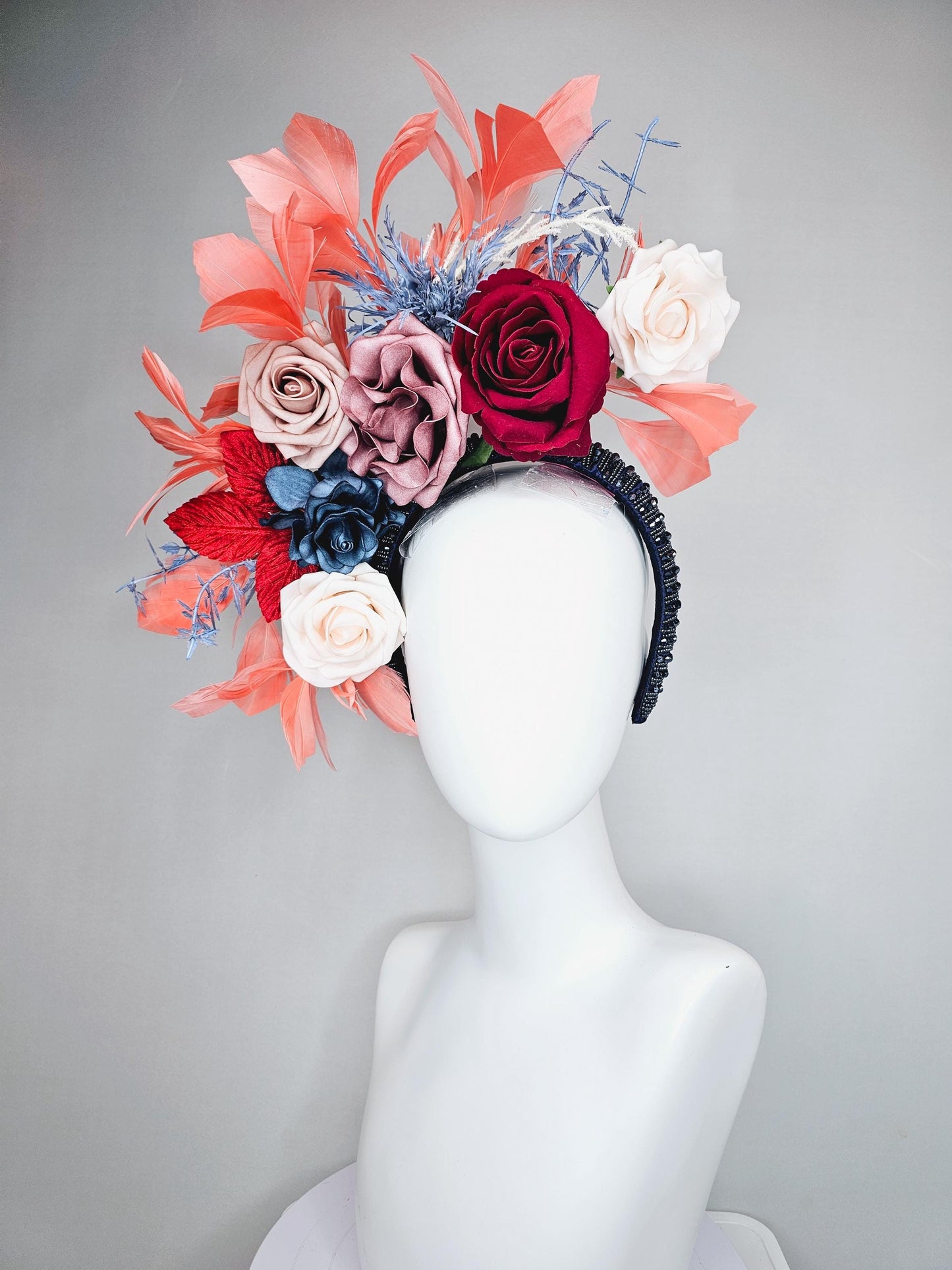 kentucky derby hat fascinator midnight blue crystal headband, ivory white dusty pink red ombre navy blue flowers,red leaves, orange feathers