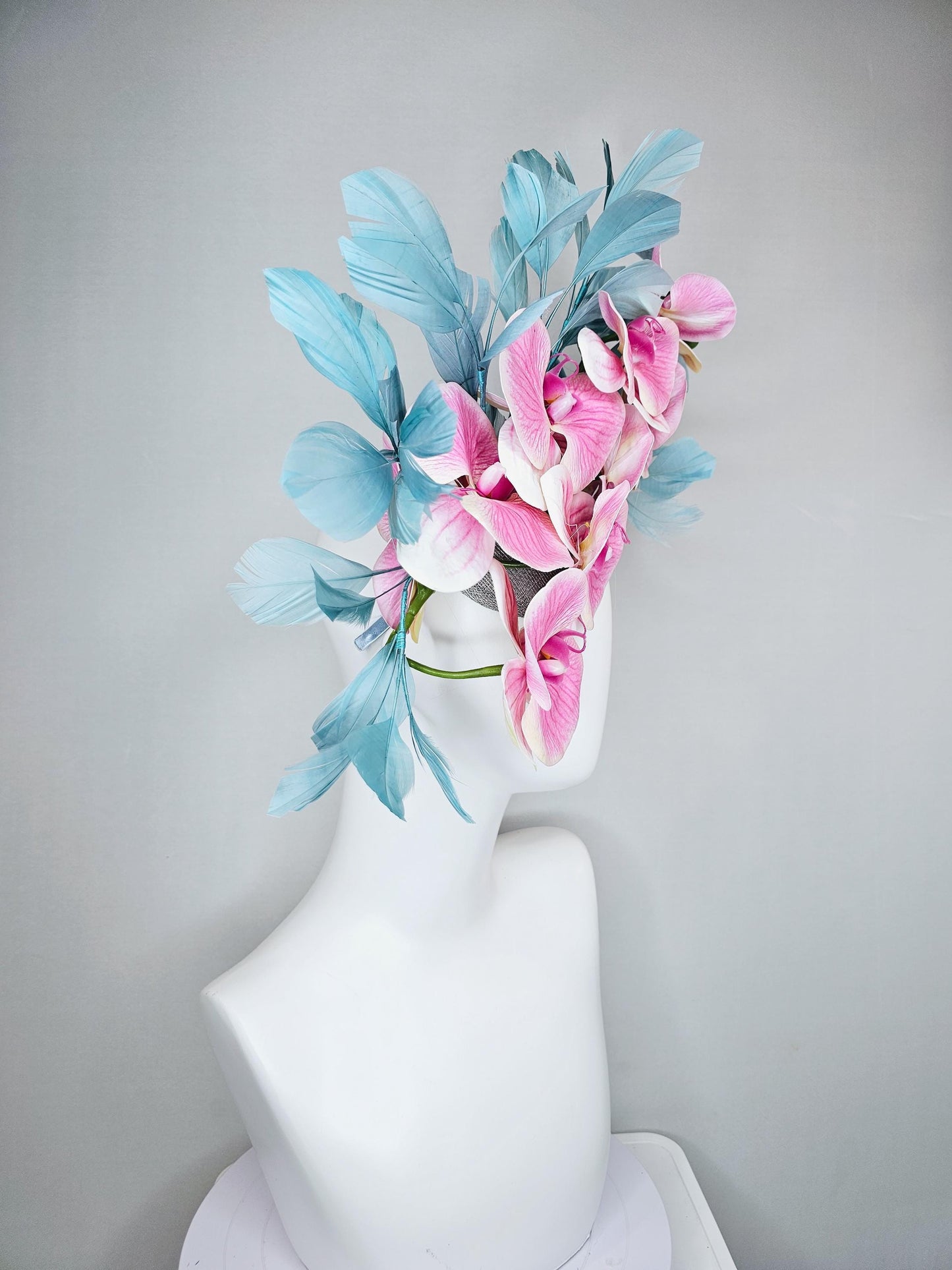 kentucky derby hat fascinator large white and blush pink orchid satin silk flowers, teal blue branching feathers