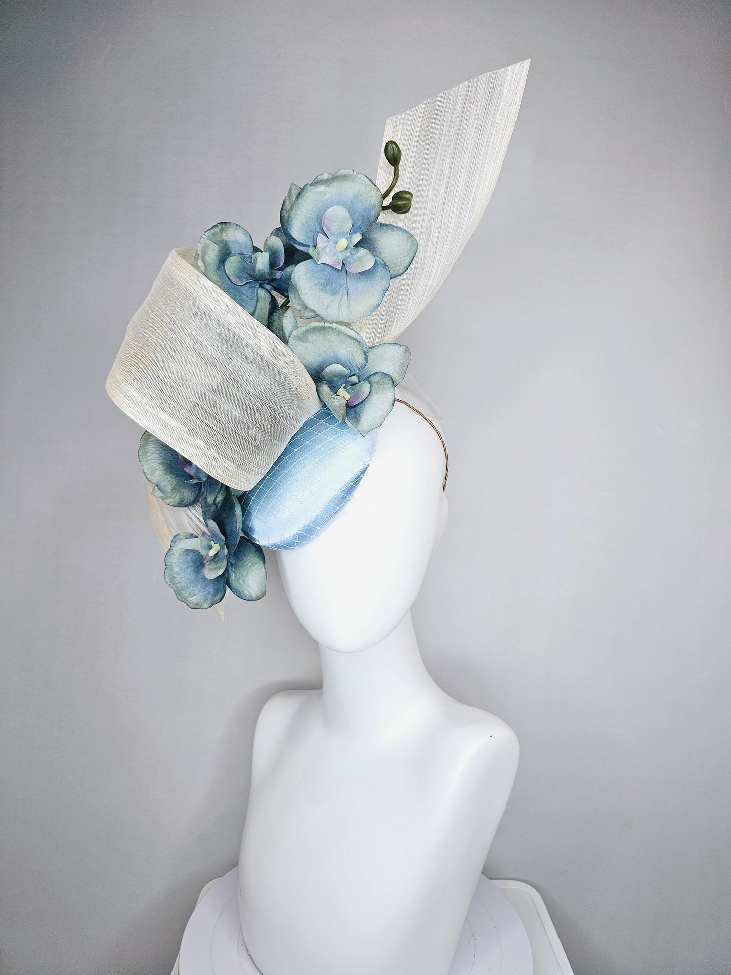 kentucky derby hat fascinator light blue satin with netting, ombre blue orchid flowers,neutral ivory white silk ribbon large bendable decor