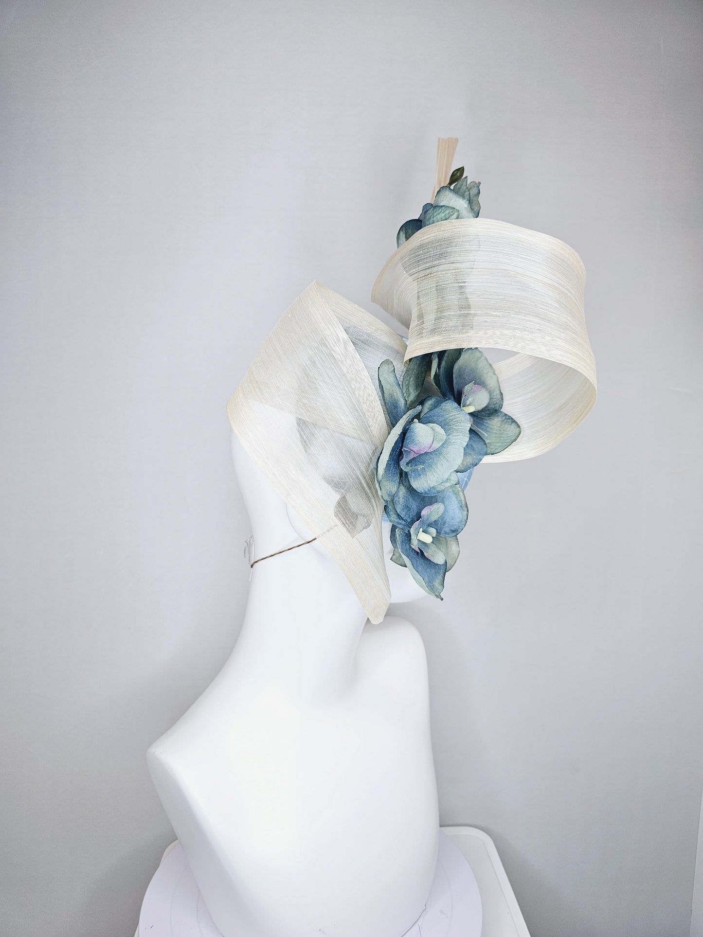 kentucky derby hat fascinator light blue satin with netting, ombre blue orchid flowers,neutral ivory white silk ribbon large bendable decor