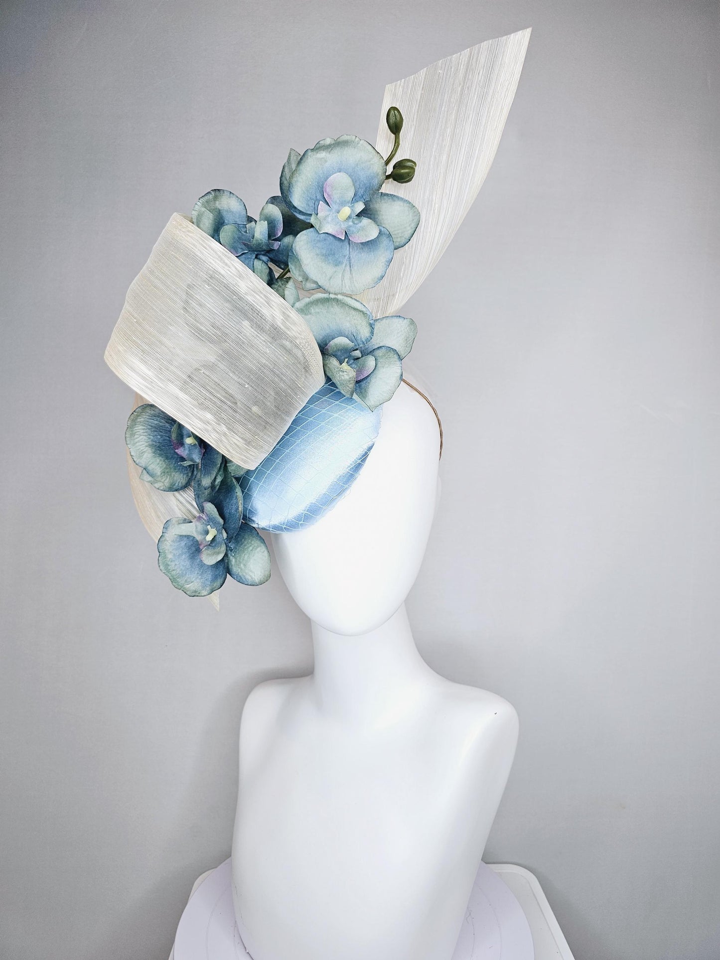 kentucky derby hat fascinator light blue satin with netting, ombre blue orchid flowers,neutral ivory white silk ribbon large bendable decor