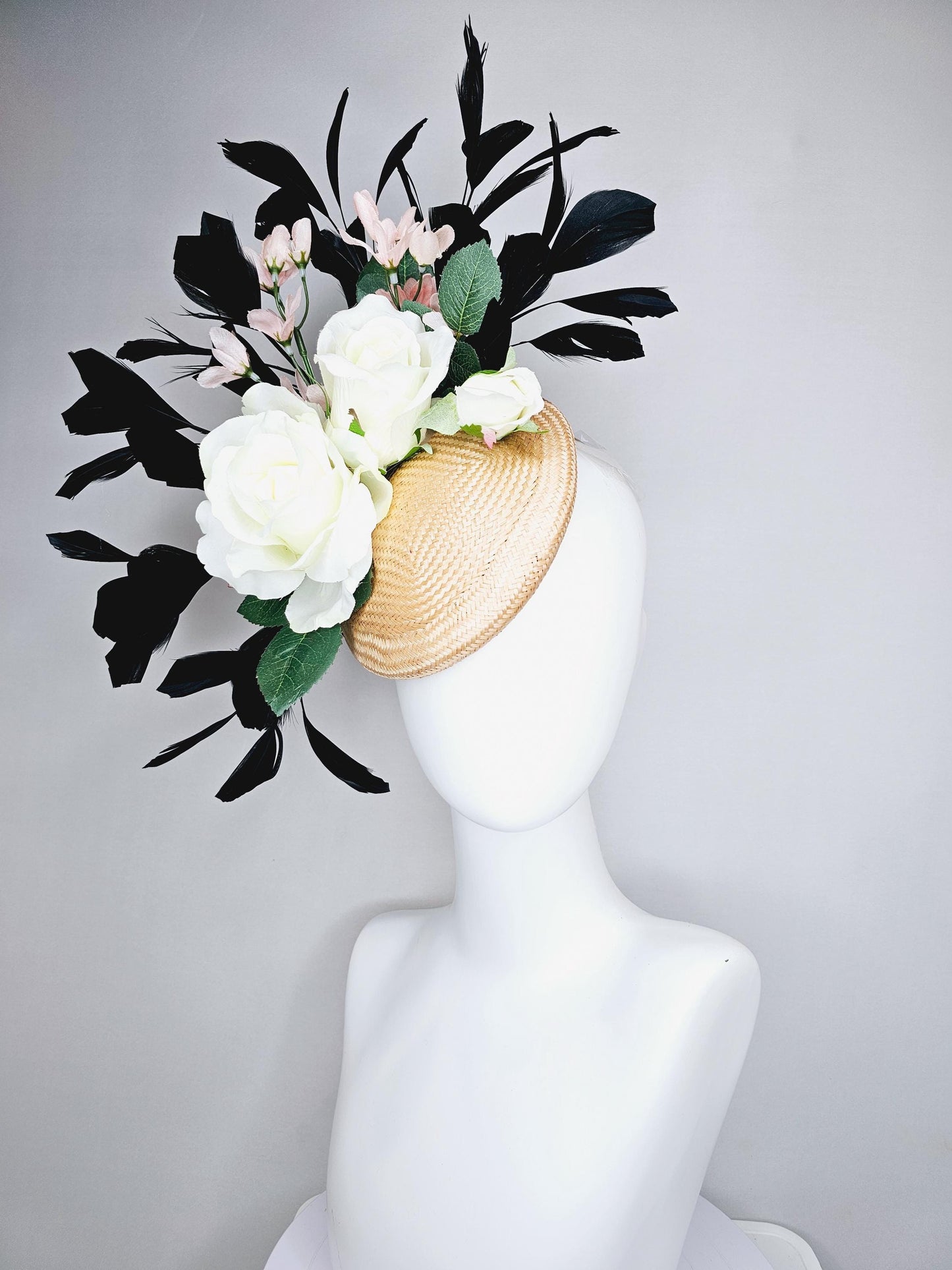 kentucky derby hat fascinator tan straw w/ neutral ivory white satin rose flowers,green leaves, light pink flowers, black branching feathers
