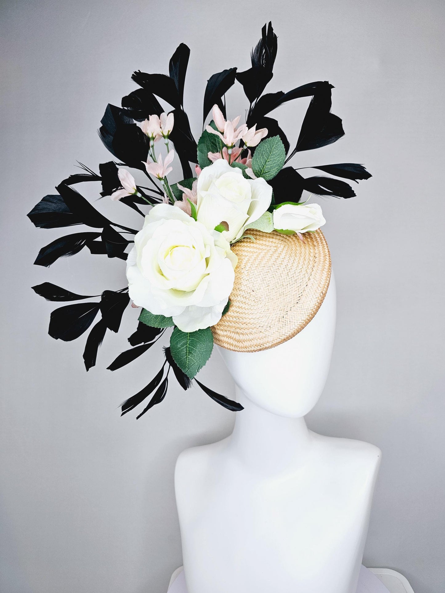 kentucky derby hat fascinator tan straw w/ neutral ivory white satin rose flowers,green leaves, light pink flowers, black branching feathers