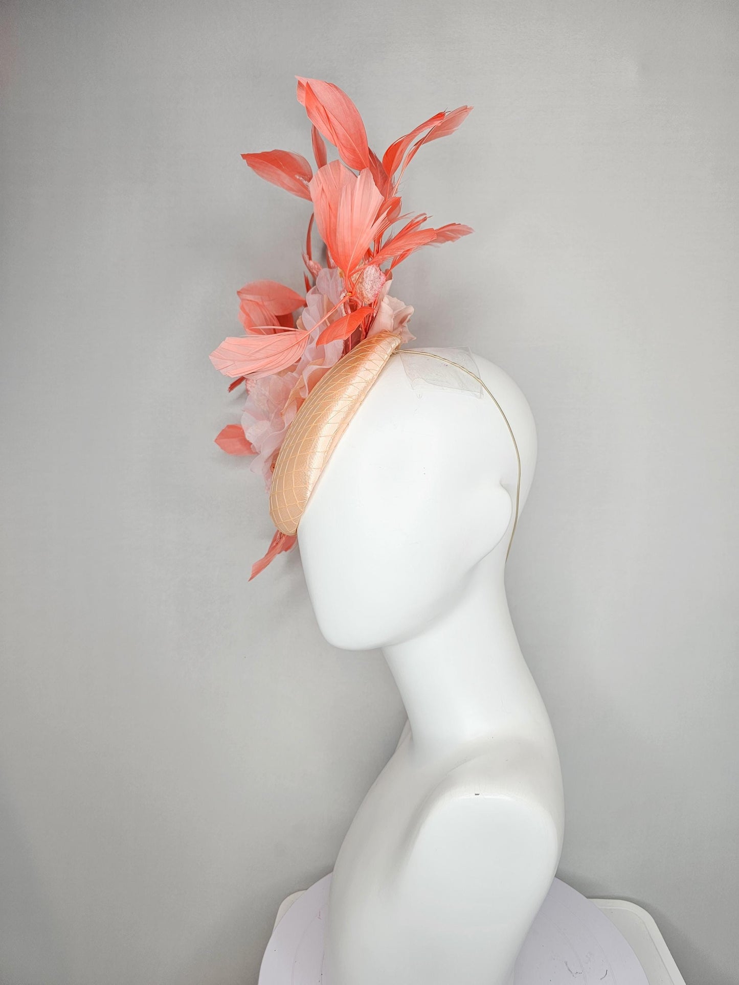 kentucky derby hat fascinator neutral champagne satin w/netting,light pink organza flower,ombre peach leaves,coral orange branching feathers