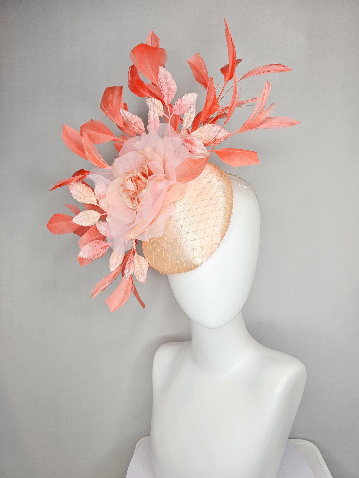 kentucky derby hat fascinator neutral champagne satin w/netting,light pink organza flower,ombre peach leaves,coral orange branching feathers