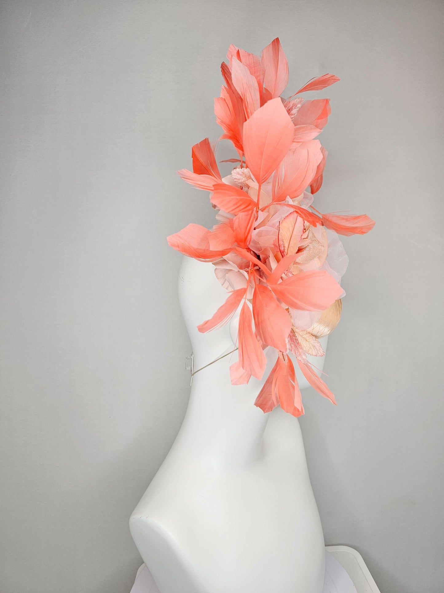 kentucky derby hat fascinator neutral champagne satin w/netting,light pink organza flower,ombre peach leaves,coral orange branching feathers
