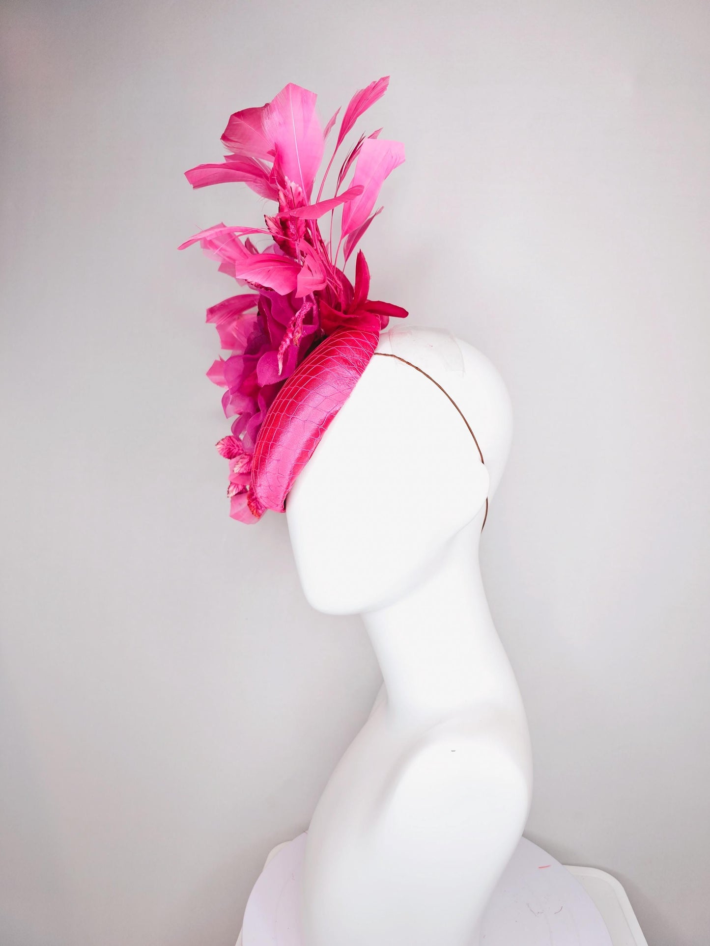kentucky derby hat fascinator hot bright pink satin with netting,hot bright pink organza flower,pink leaves,bright pink branching feathers