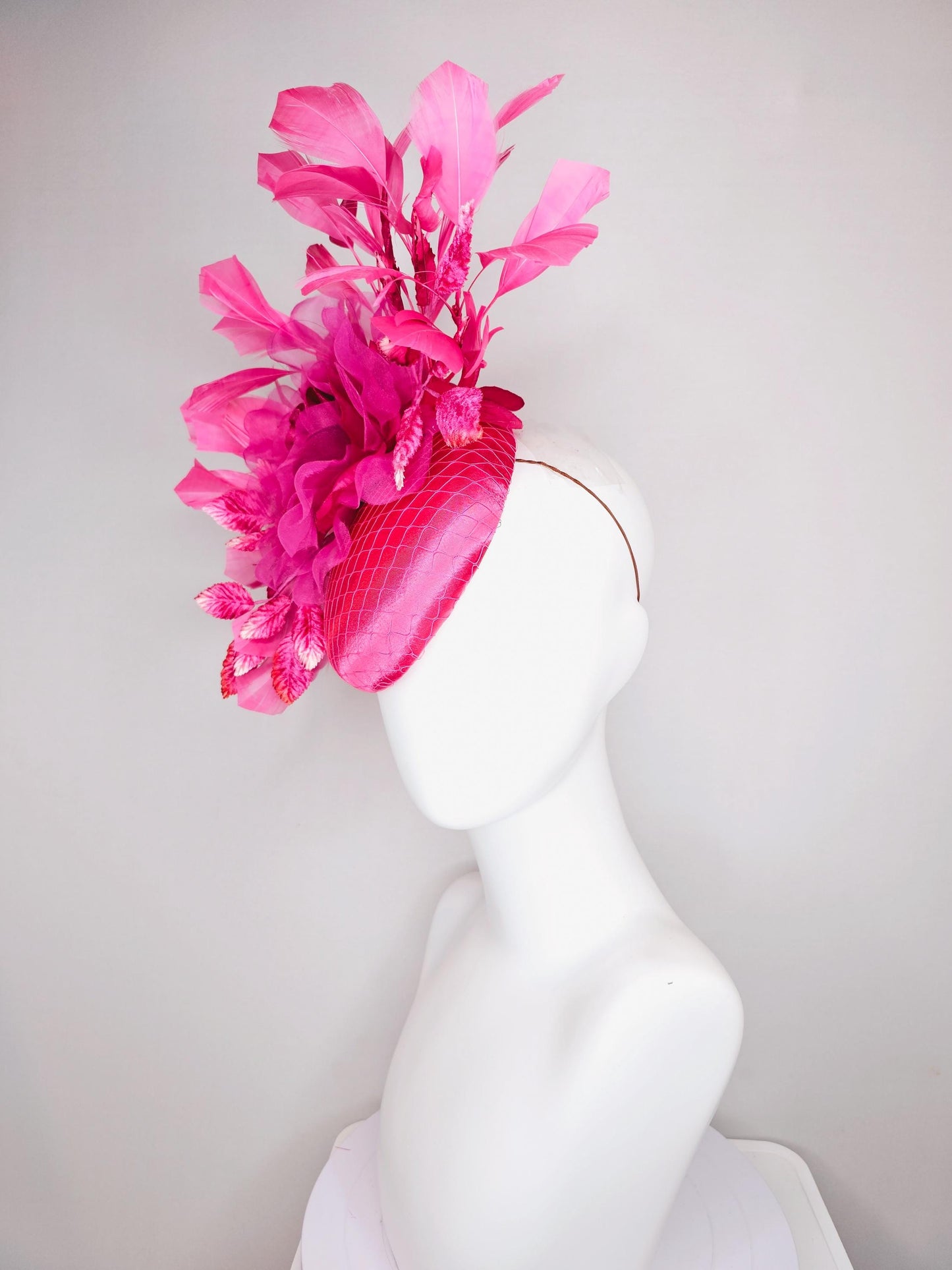kentucky derby hat fascinator hot bright pink satin with netting,hot bright pink organza flower,pink leaves,bright pink branching feathers