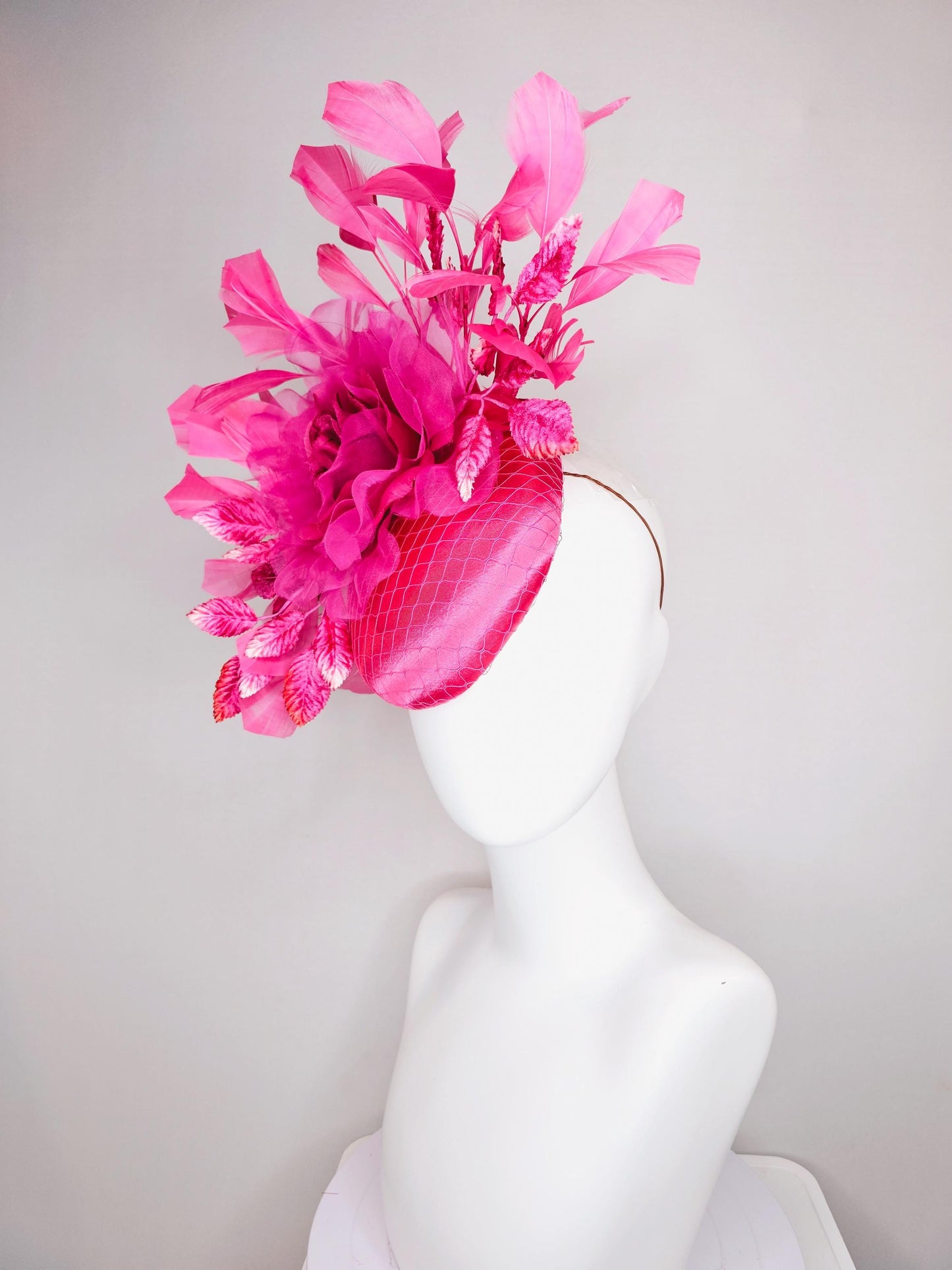 kentucky derby hat fascinator hot bright pink satin with netting,hot bright pink organza flower,pink leaves,bright pink branching feathers
