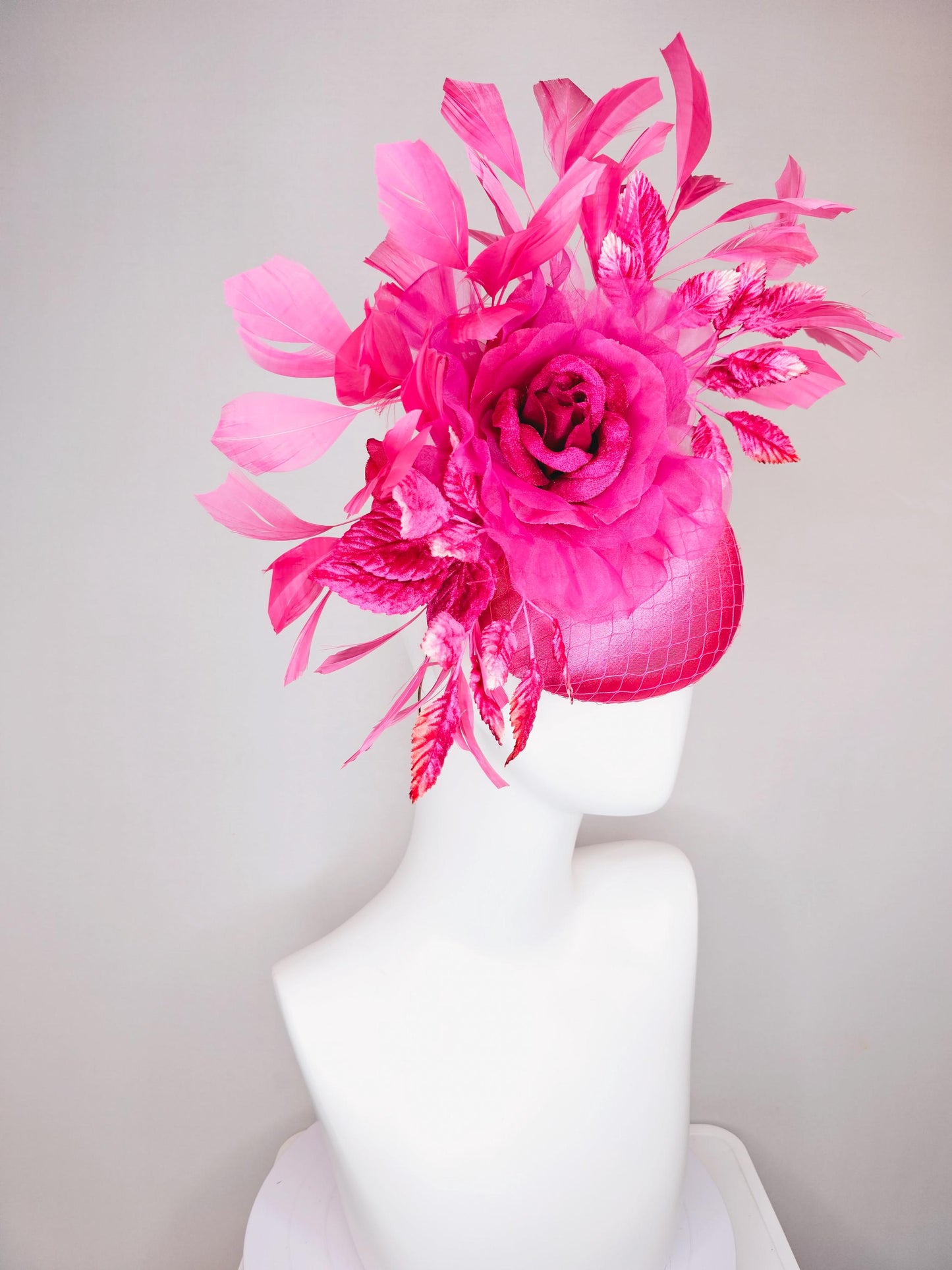 kentucky derby hat fascinator hot bright pink satin with netting,hot bright pink organza flower,pink leaves,bright pink branching feathers