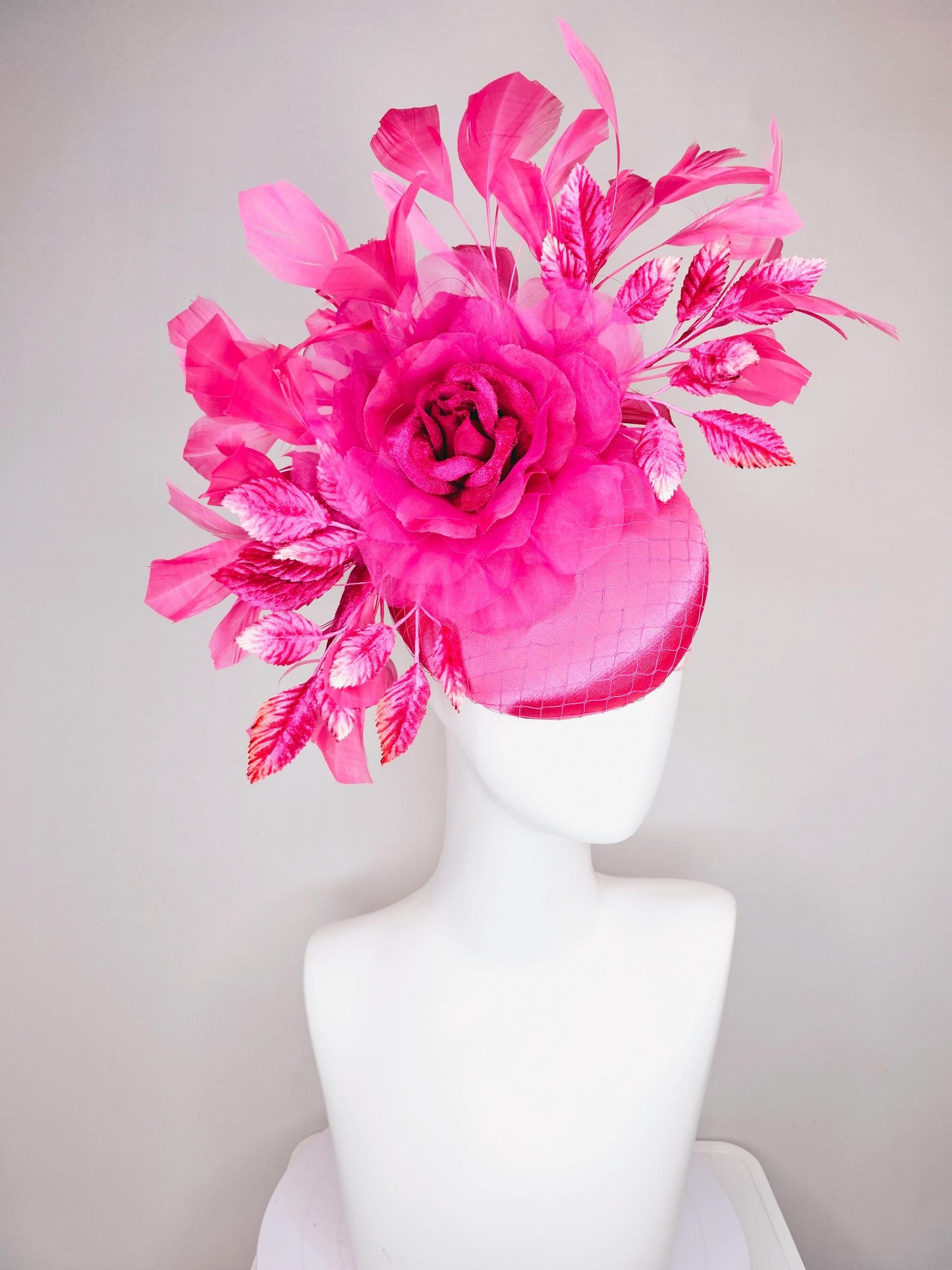 kentucky derby hat fascinator hot bright pink satin with netting,hot bright pink organza flower,pink leaves,bright pink branching feathers