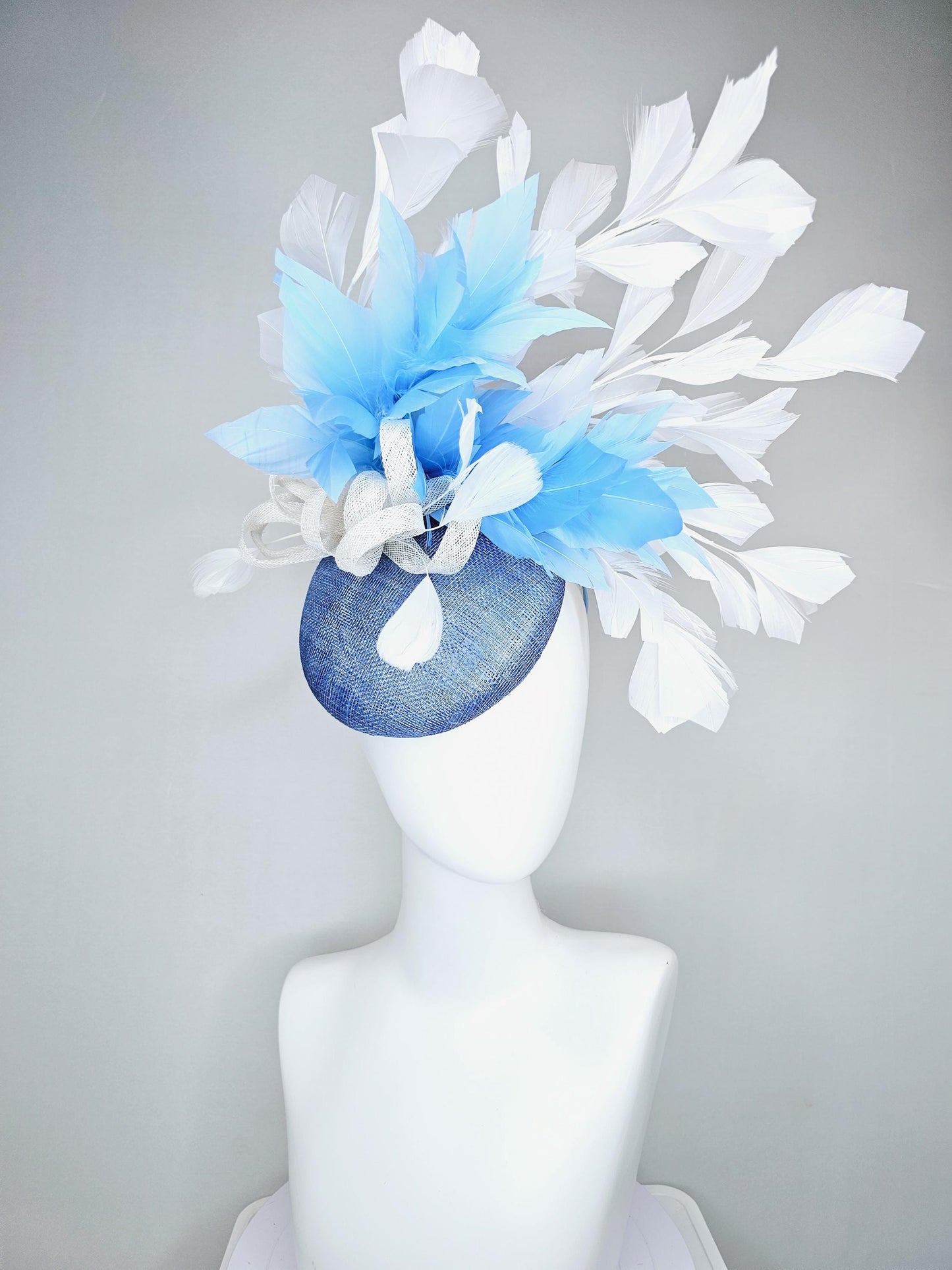 kentucky derby hat fascinator dark blue sinamay base with white sinamay bow, sky blue and white branching feathers