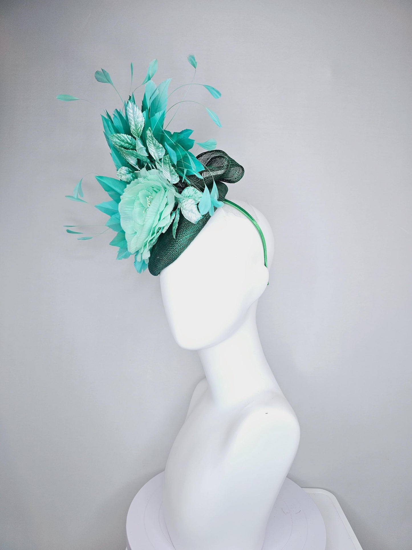 kentucky derby hat fascinator dark green sinamay with mint green silk satin rose flower,ombre green leaves and turquoise blue green feathers