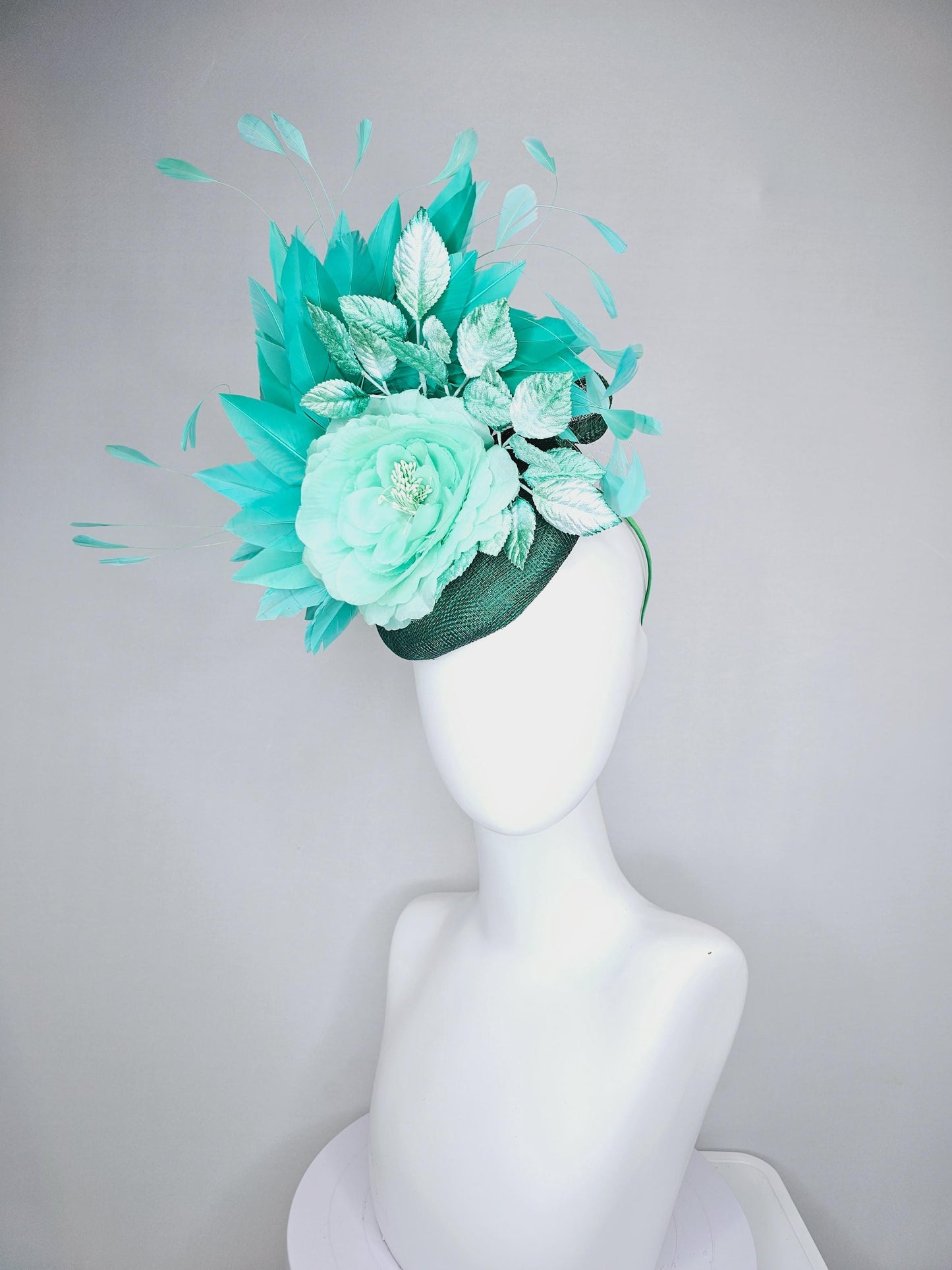 kentucky derby hat fascinator dark green sinamay with mint green silk satin rose flower,ombre green leaves and turquoise blue green feathers