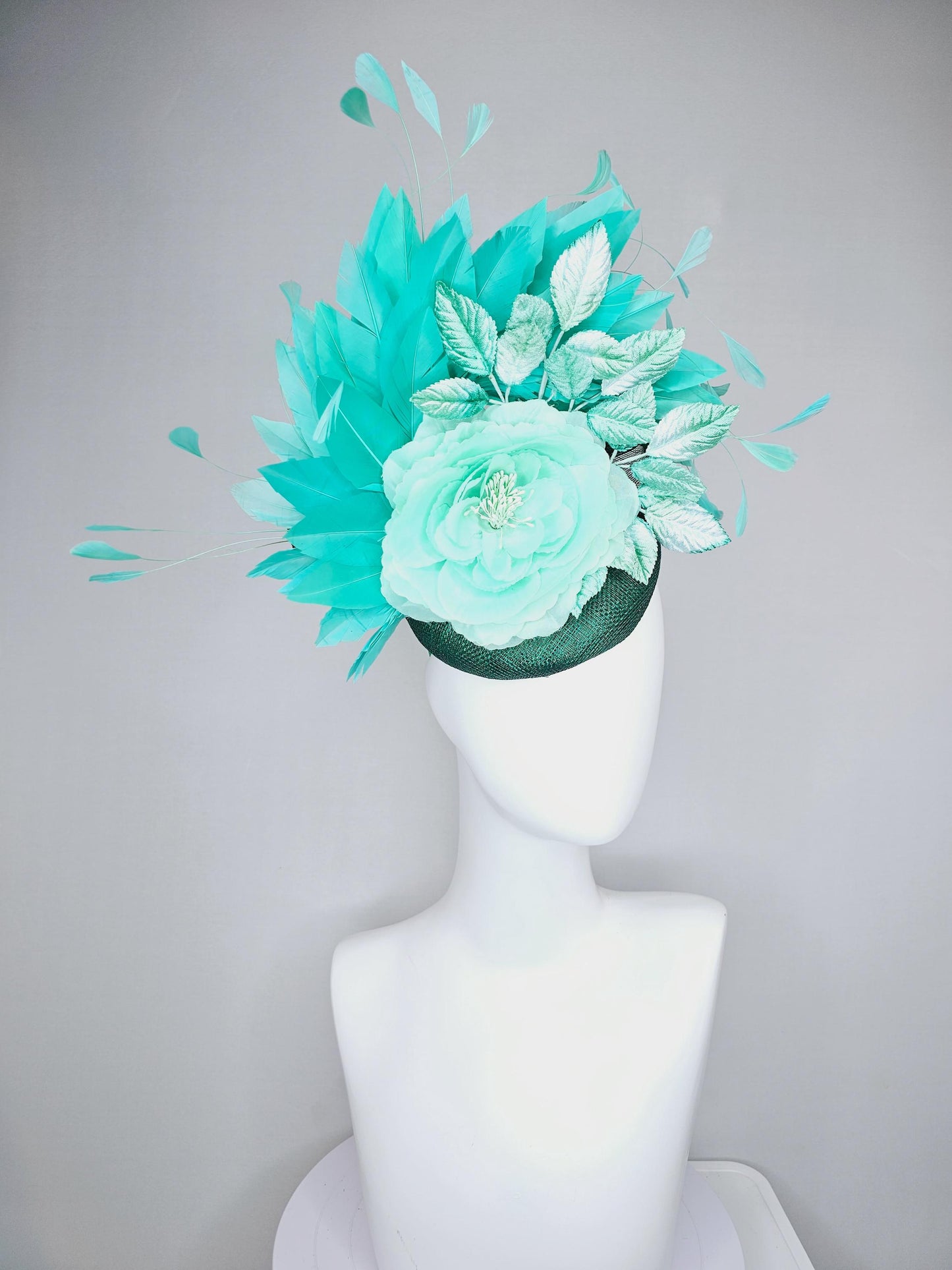 kentucky derby hat fascinator dark green sinamay with mint green silk satin rose flower,ombre green leaves and turquoise blue green feathers