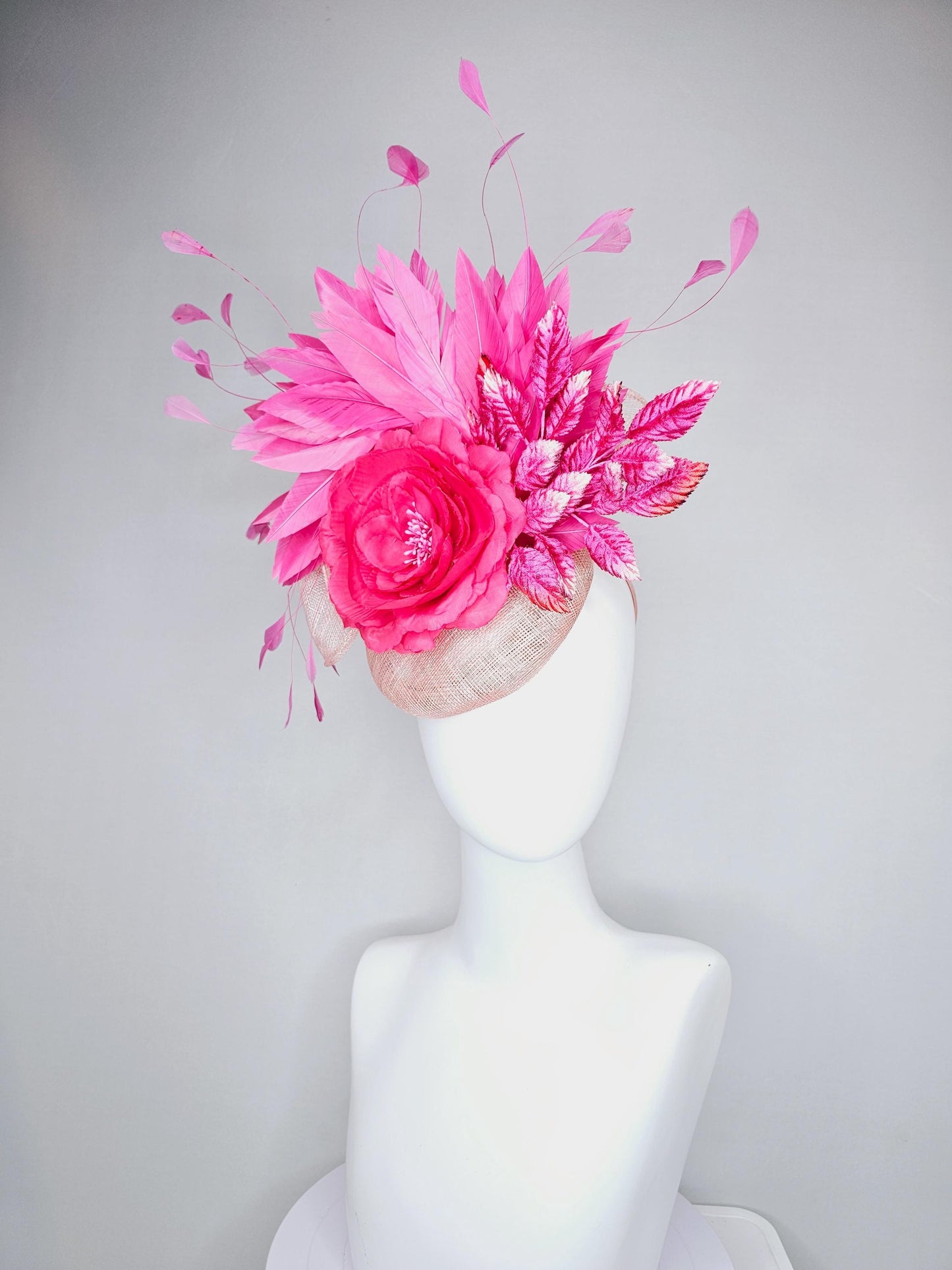 kentucky derby hat fascinator link pink champagne sinamay with hot bright pink satin rose flower, pink leaves, pink branching feathers