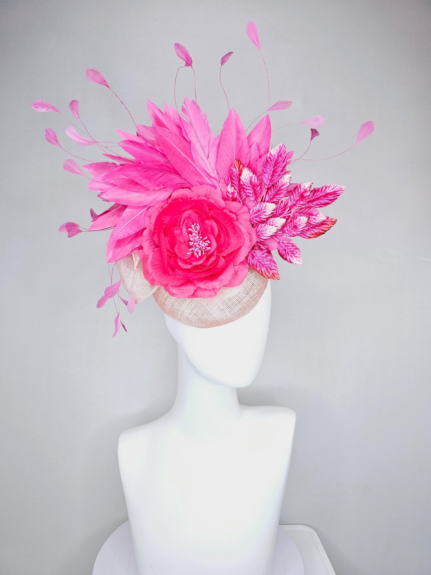 kentucky derby hat fascinator link pink champagne sinamay with hot bright pink satin rose flower, pink leaves, pink branching feathers