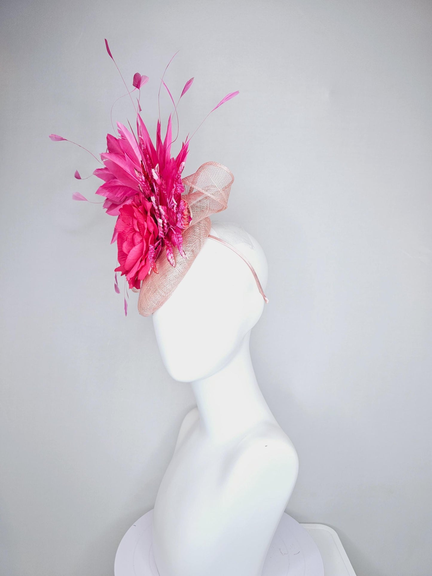 kentucky derby hat fascinator link pink champagne sinamay with hot bright pink satin rose flower, pink leaves, pink branching feathers