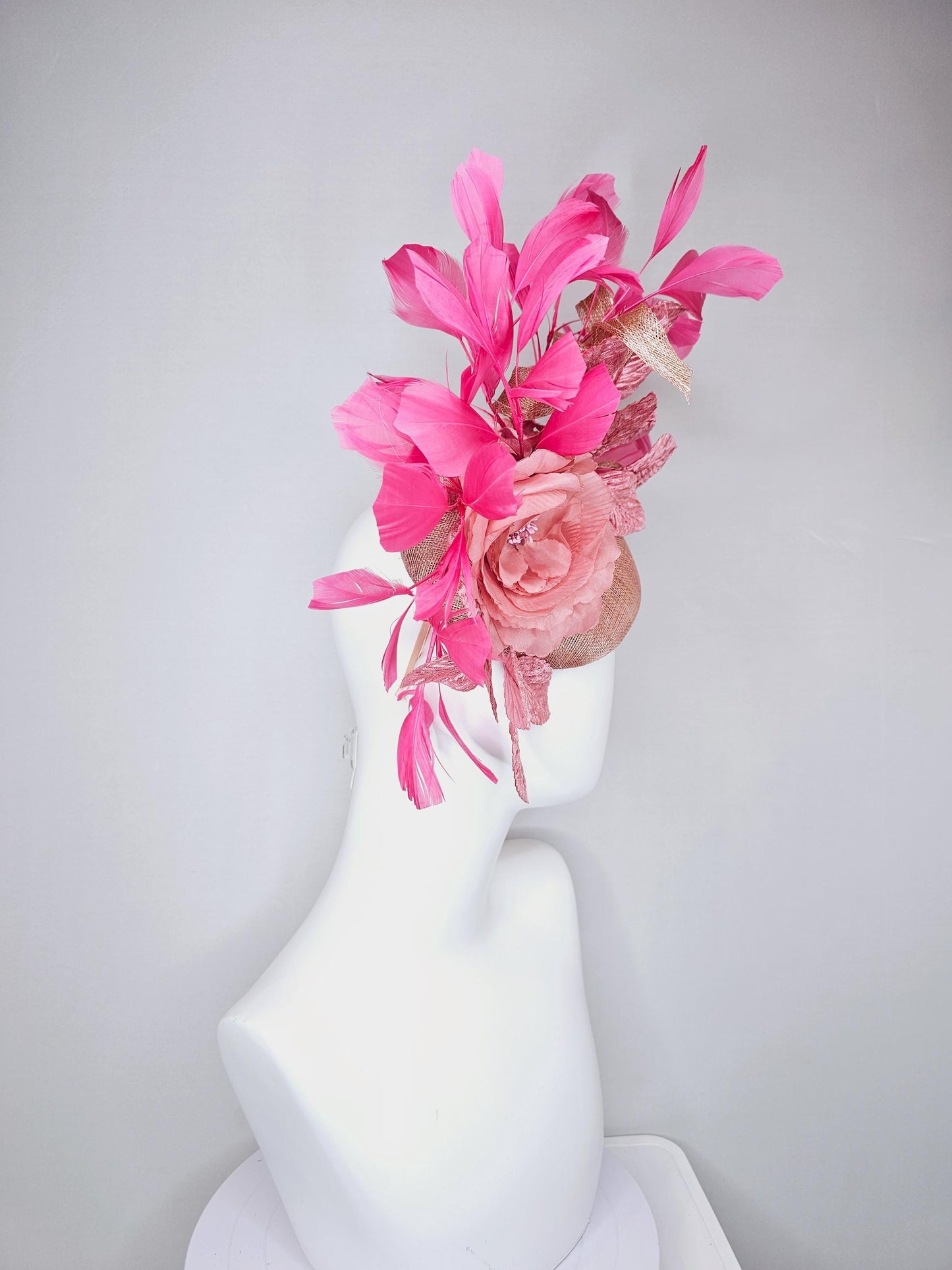 kentucky derby hat fascinator dusty pink sinamay base with sinamay curls,blush pink satin flower, blush pink leaves, pink branching feathers