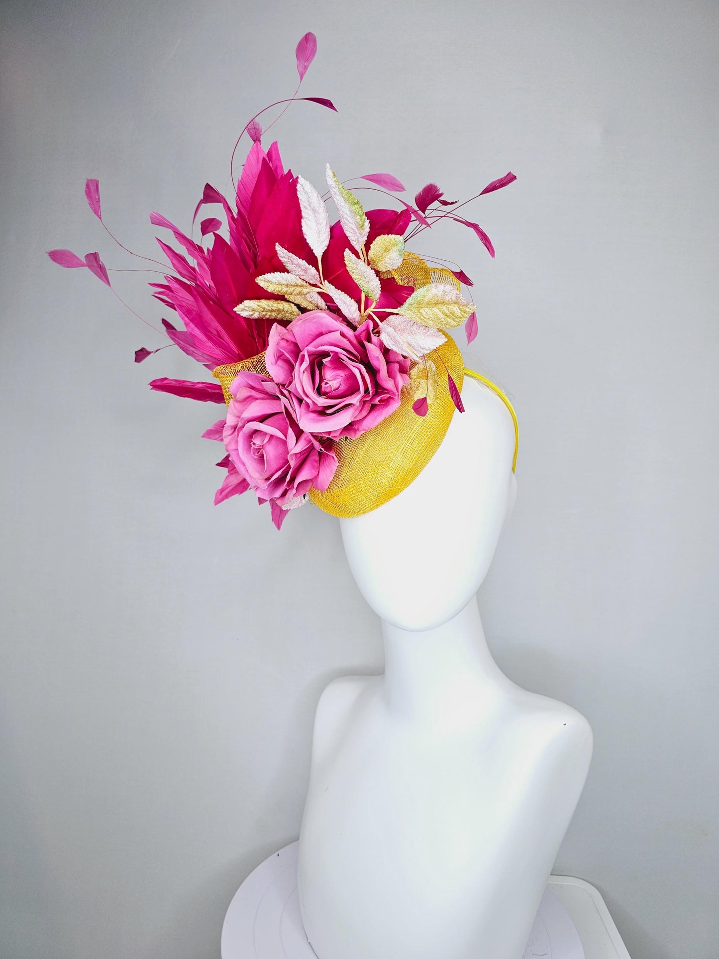 kentucky derby hat fascinator bright yellow sinamay with hot pink branching feathers,ombre yellow leaves and pink satin silk rose flowers