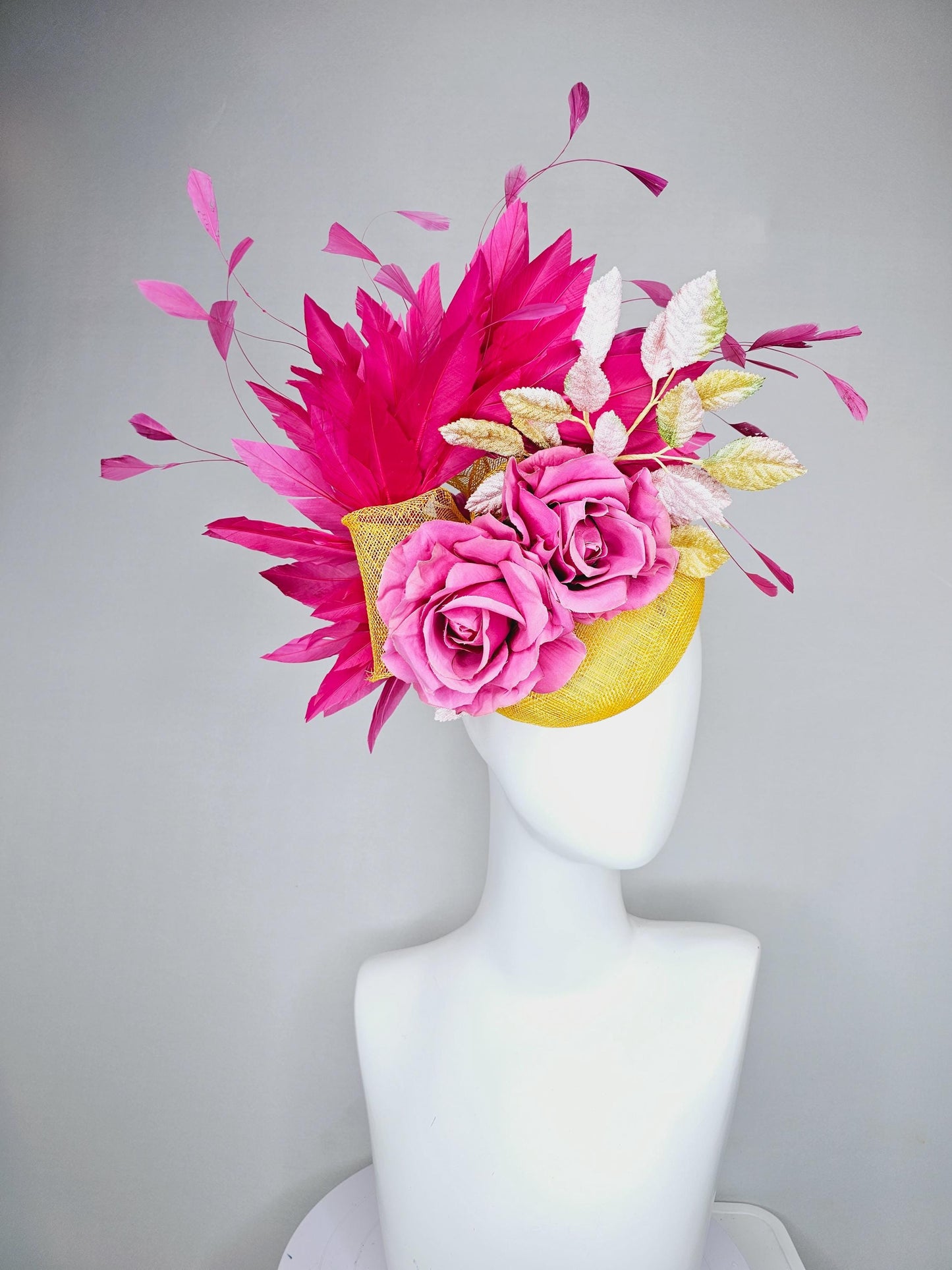 kentucky derby hat fascinator bright yellow sinamay with hot pink branching feathers,ombre yellow leaves and pink satin silk rose flowers