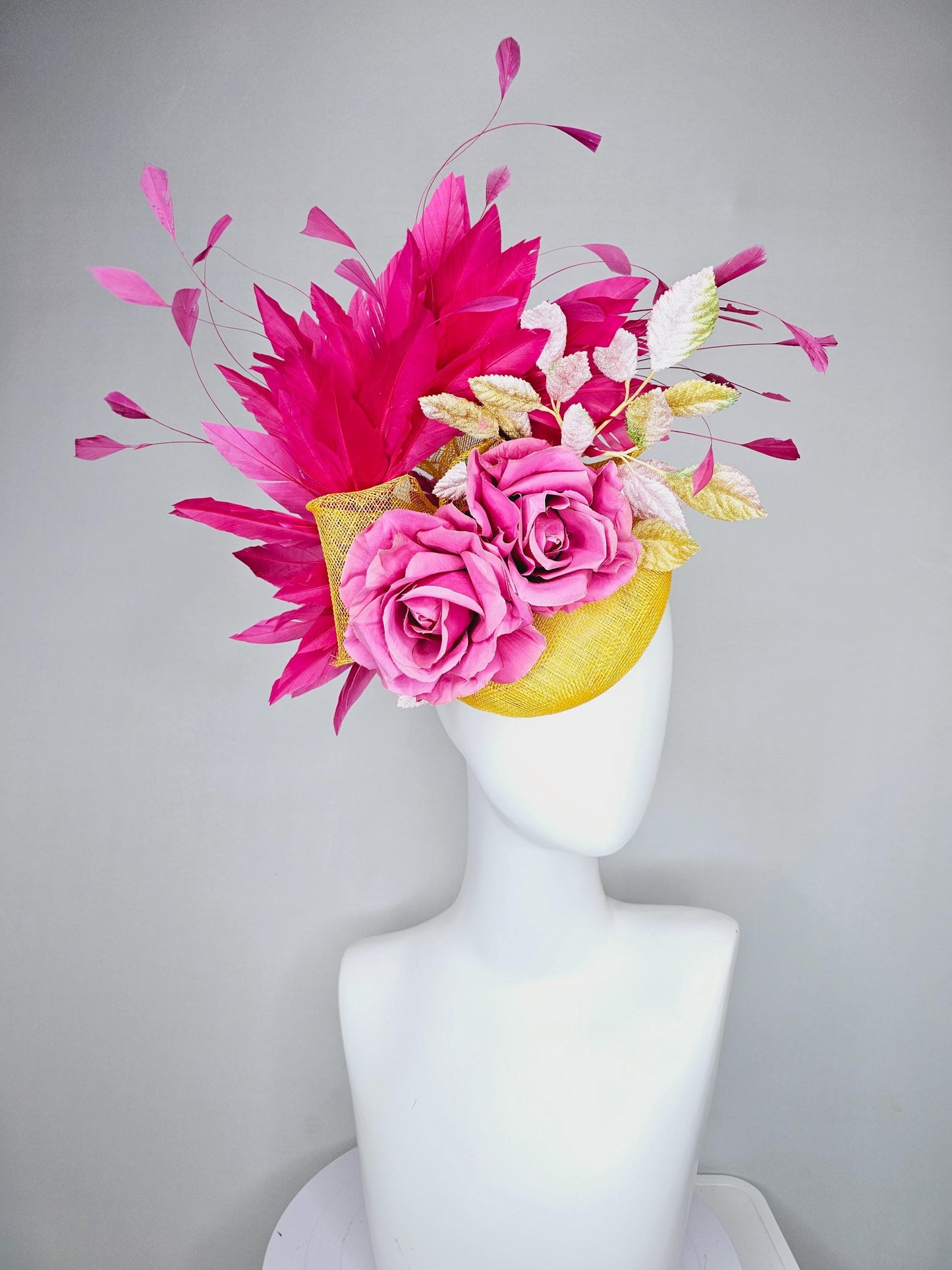 kentucky derby hat fascinator bright yellow sinamay with hot pink branching feathers,ombre yellow leaves and pink satin silk rose flowers