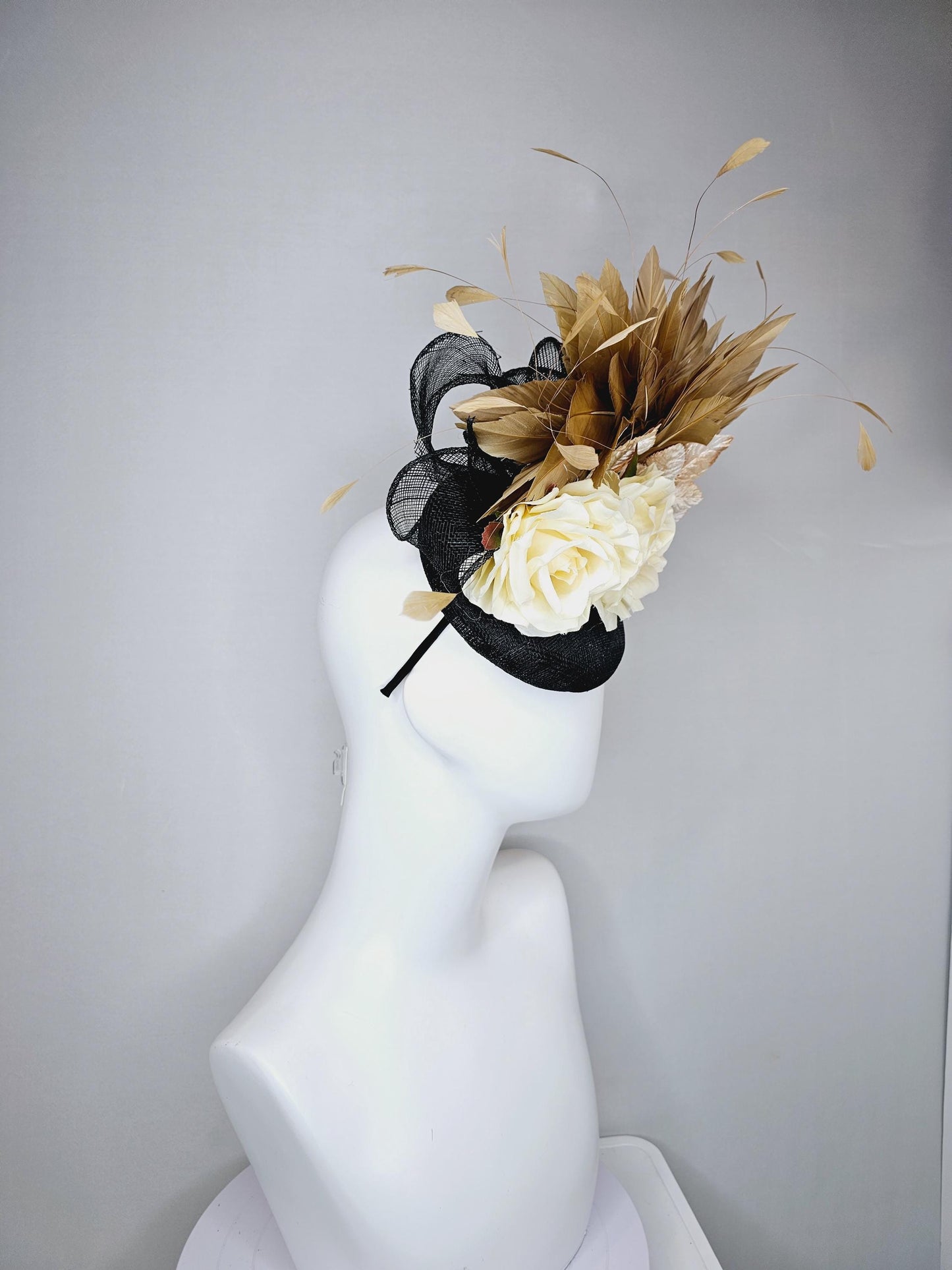 kentucky derby hat fascinator black sinamay,brown tan gold branching feathers,cream ivory satin silk roses,beige neutral ombre leaves