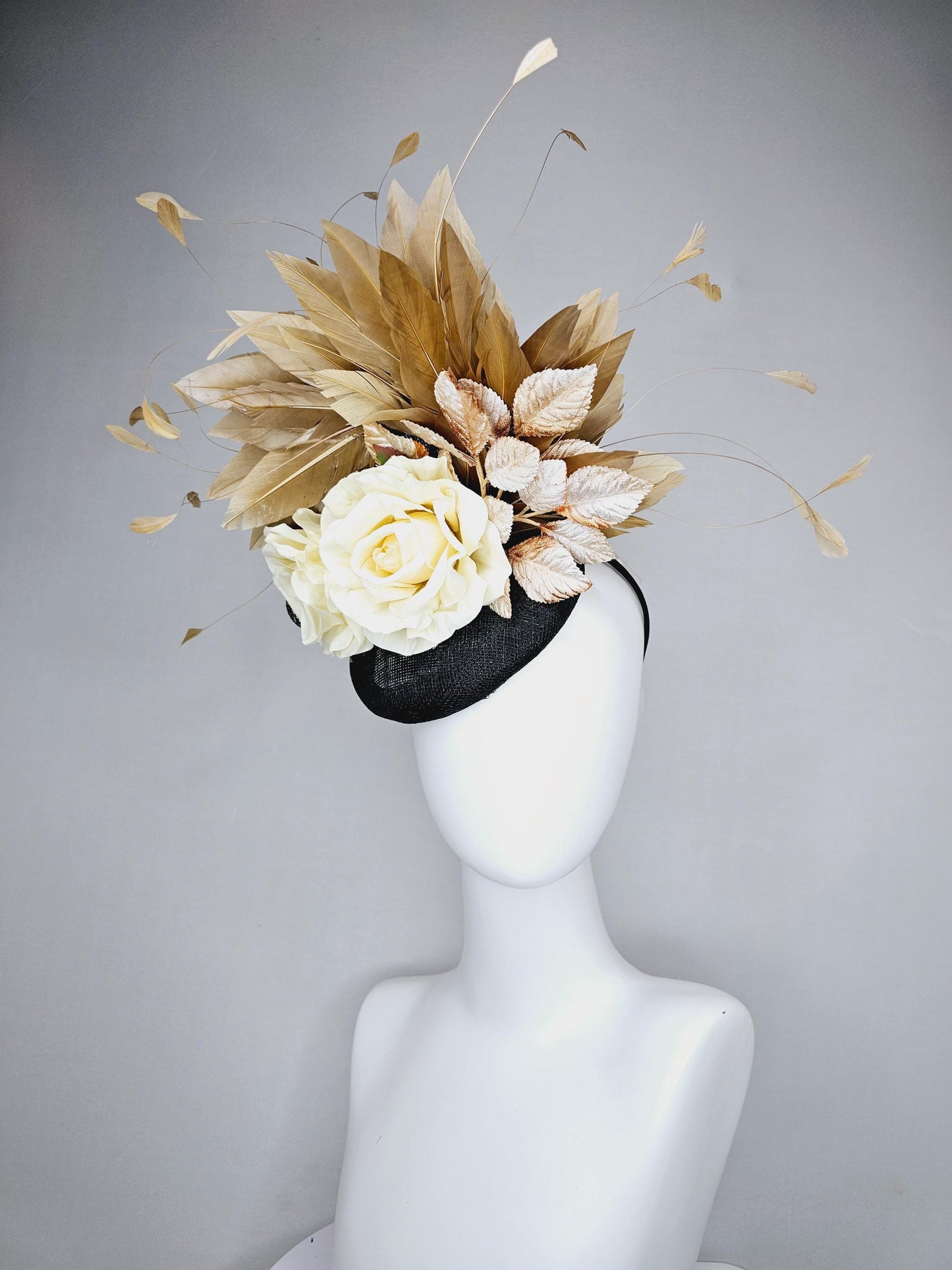 kentucky derby hat fascinator black sinamay,brown tan gold branching feathers,cream ivory satin silk roses,beige neutral ombre leaves